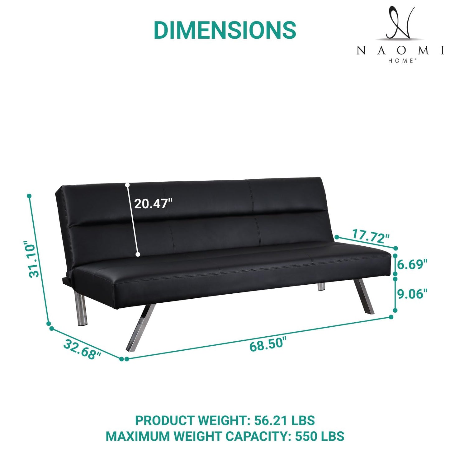 Naomi Home Madison Futon Sofa Bed, Tan Linen, 3-Position Convertible, Space-Saving, 66.14" W