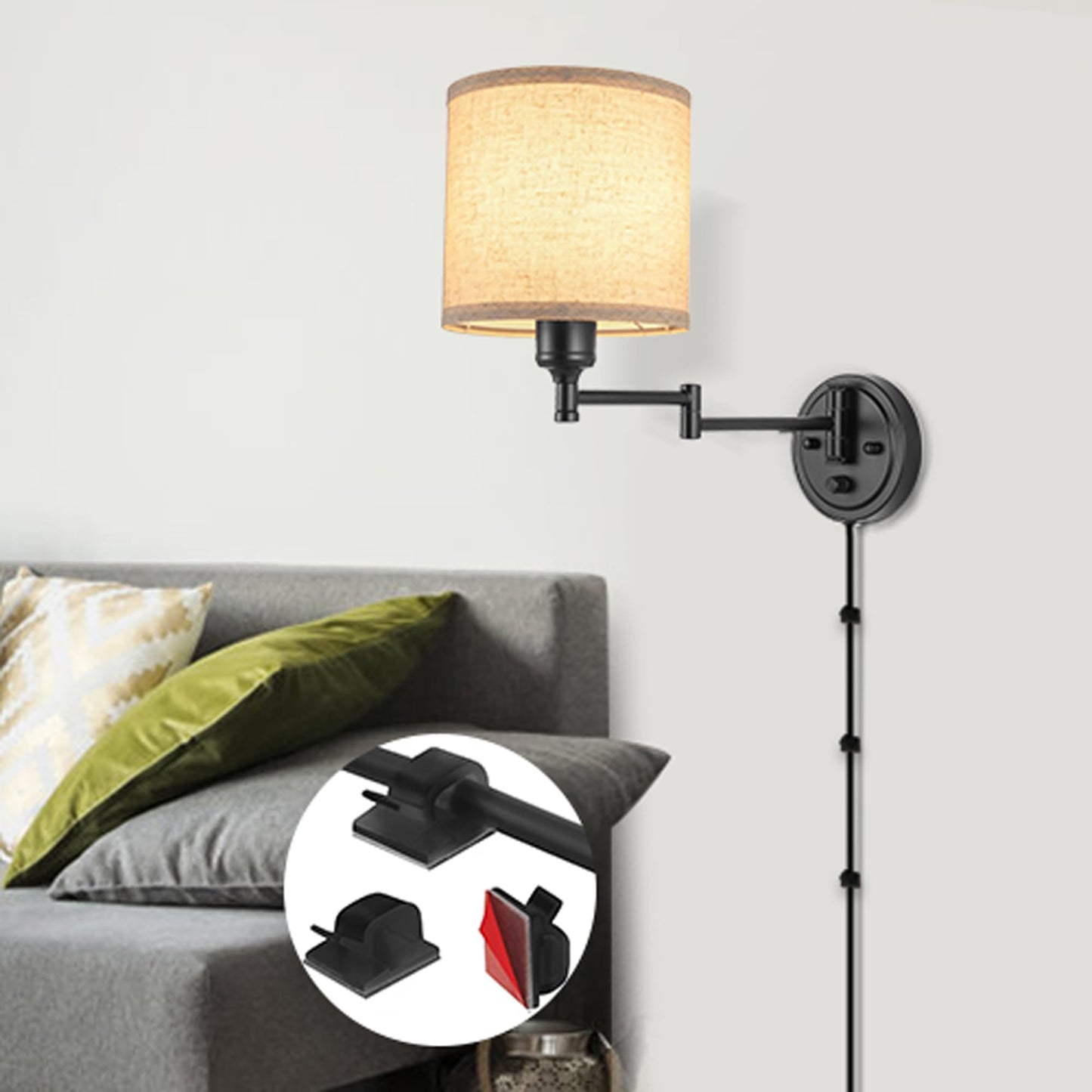 Plug in Wall Sconces with Remote Control, Dimming 10%-100% & Adjustable Colors 2700K-6500K, Hardwire or Plug-in, Swing Arm Wall Lamp with Linen Fabric Shade, Wall Sconces Set of Two, Black Finish