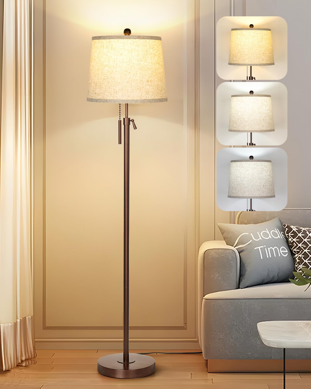 Floor Lamp for Living Room,Adjustable Height Standing Lamp,Dimmable Modern Floor Lamps for Bedroom Office Tall Floor Lights with Pull Chain Bulb Included-Silver Gray Shade