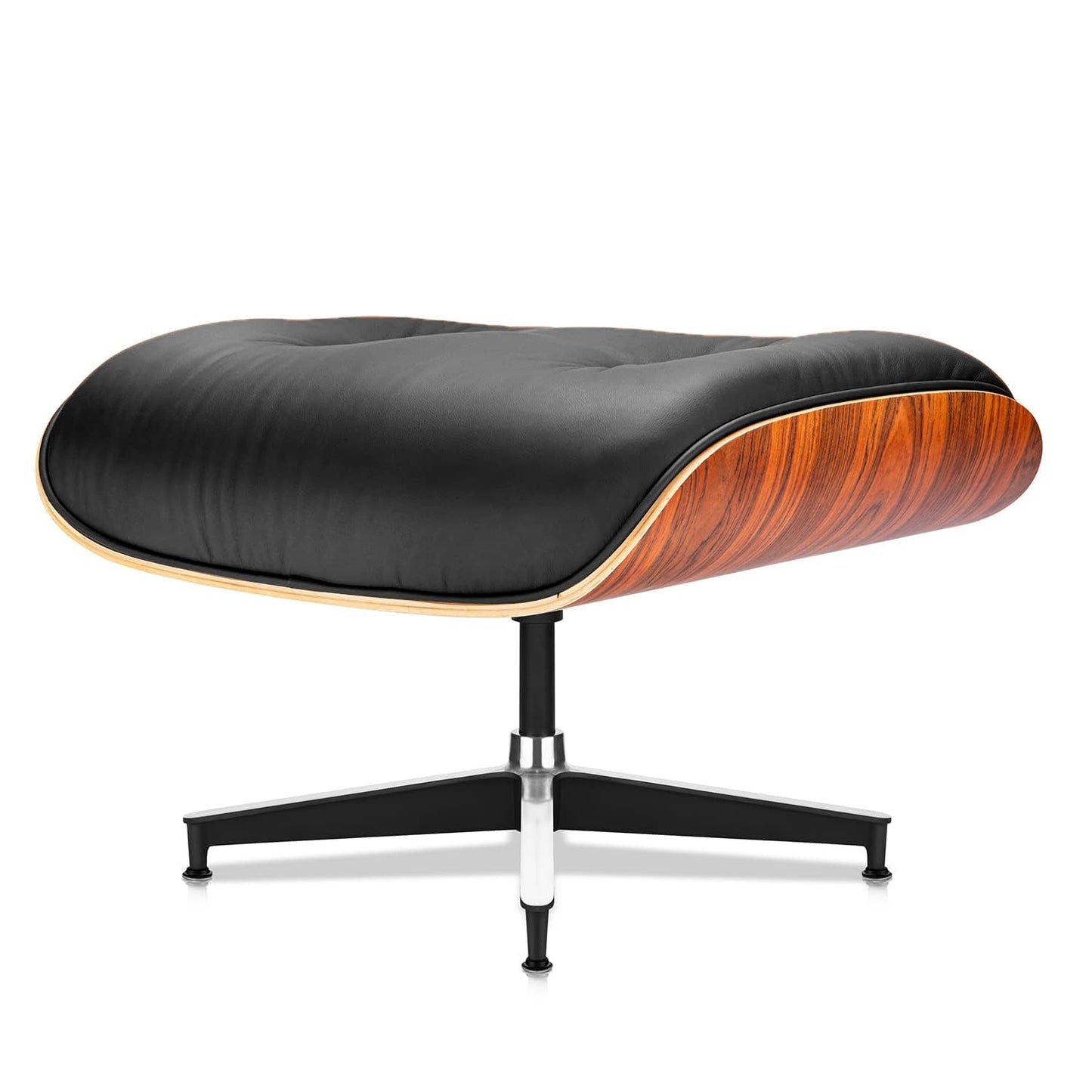 Top Black Grain Leather, Mid Century Chaise Lounge Chair and Ottoman, Modern Chair Classic Design, Walnut Wood, Heavy Duty Base Support for Living Room Office