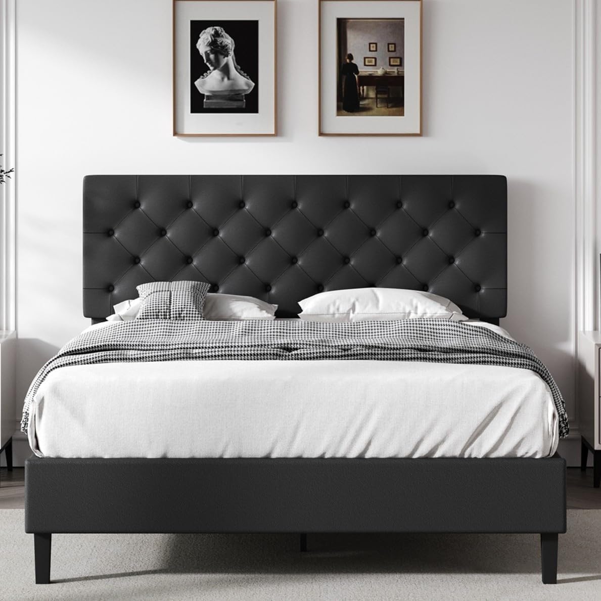 Queen Bed Frame with Headboard, Faux Leather Upholstered Platform Bed Frame, Blue Bed Frame Queen Size, Wooden Slat Support, No Box Spring Needed, Navy Blue