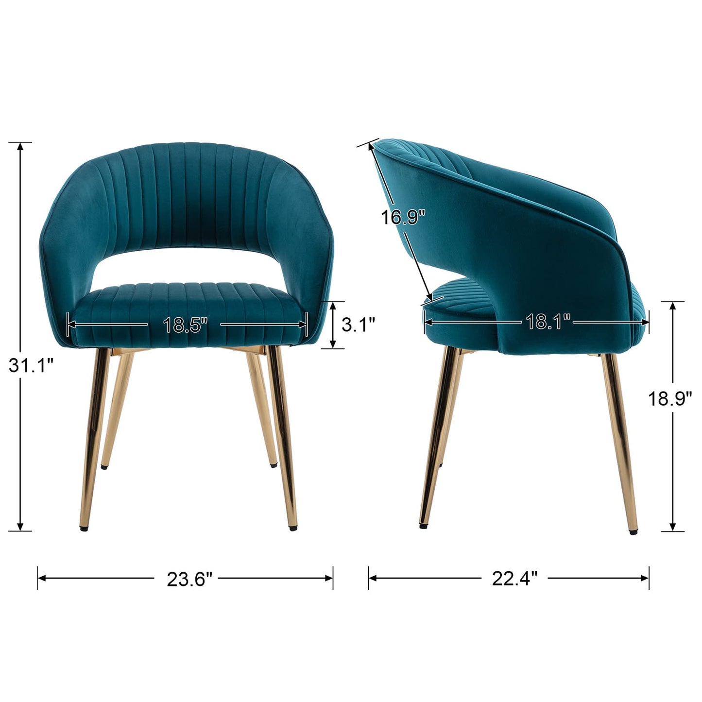 Modern Velvet Dining Chairs Set of 2, Upholstered Gold Dining Chairs with Hollow Back, Dining Room Chairs with Gold Legs, Accent Armrest Kitchen Chairs for Living Room Reception Teal Blue