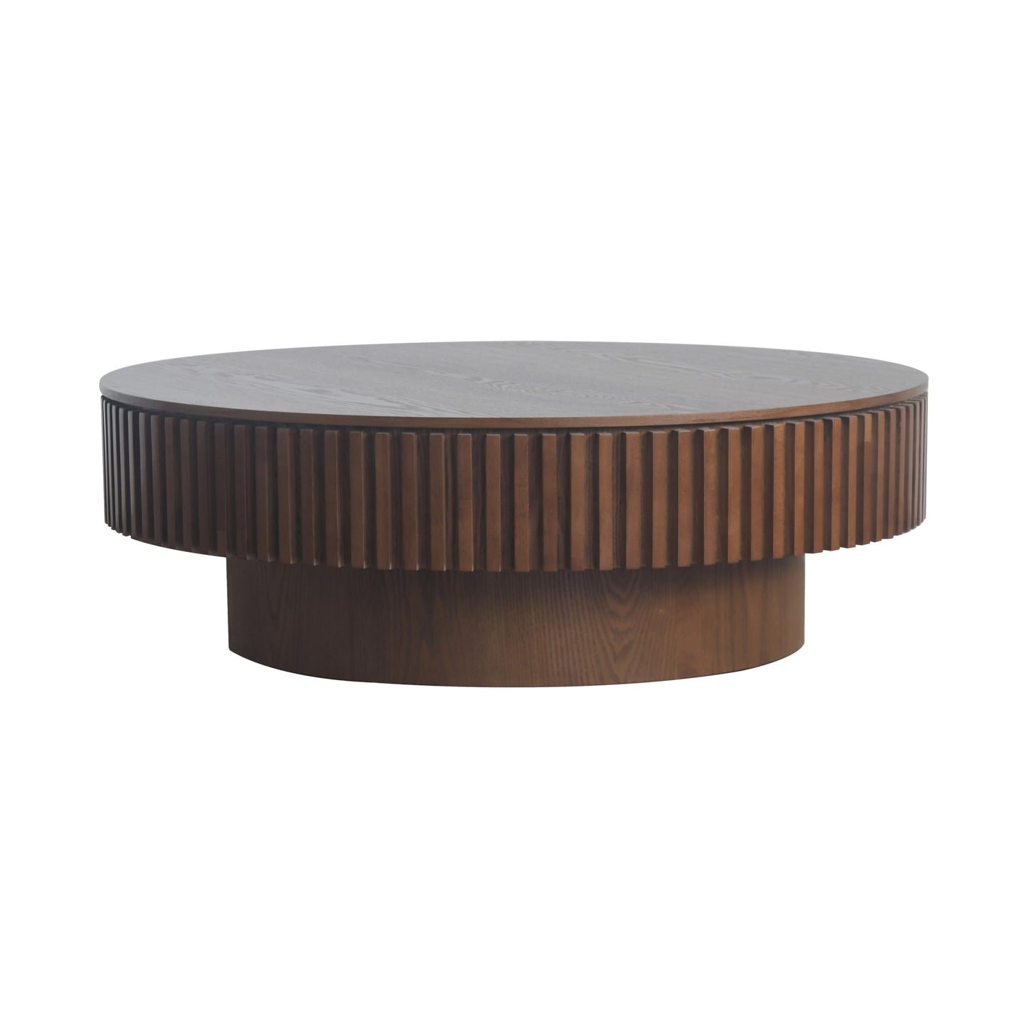 31.5" Round Drum Coffee Table with Storage, Handcraft Fluted Drum Coffee Table, Modern Wooden Circle Cocktail Tea Table Center Table with Sturdy Pedestal for Living Room Apartment (Walnut)