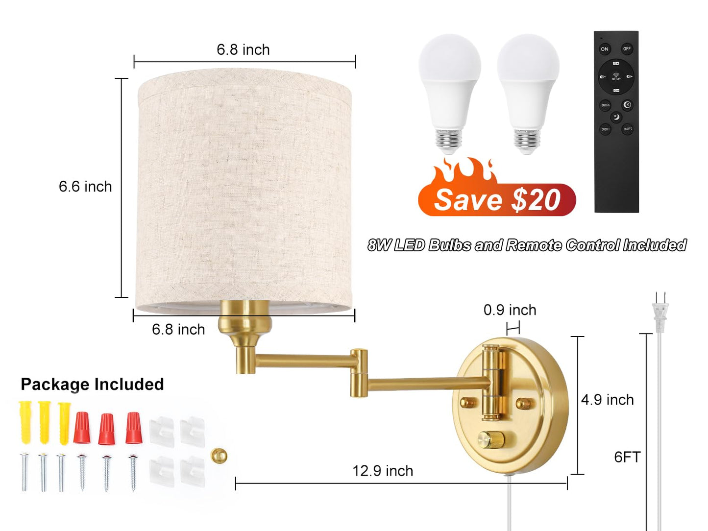 Plug in Wall Sconces with Remote Control, Dimming 10%-100% & Adjustable Colors 2700K-6500K, Hardwire or Plug-in, Swing Arm Wall Lamp with Linen Fabric Shade, Wall Sconces Set of Two, Black Finish