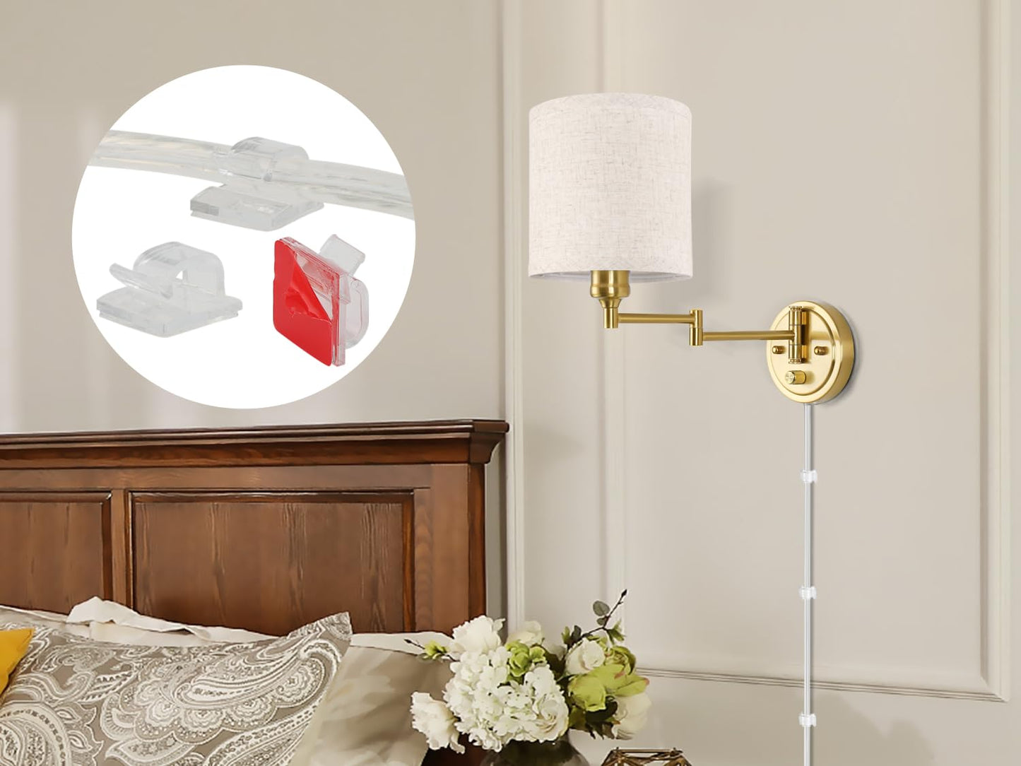 Plug in Wall Sconces with Remote Control, Dimming 10%-100% & Adjustable Colors 2700K-6500K, Hardwire or Plug-in, Swing Arm Wall Lamp with Linen Fabric Shade, Wall Sconces Set of Two, Black Finish