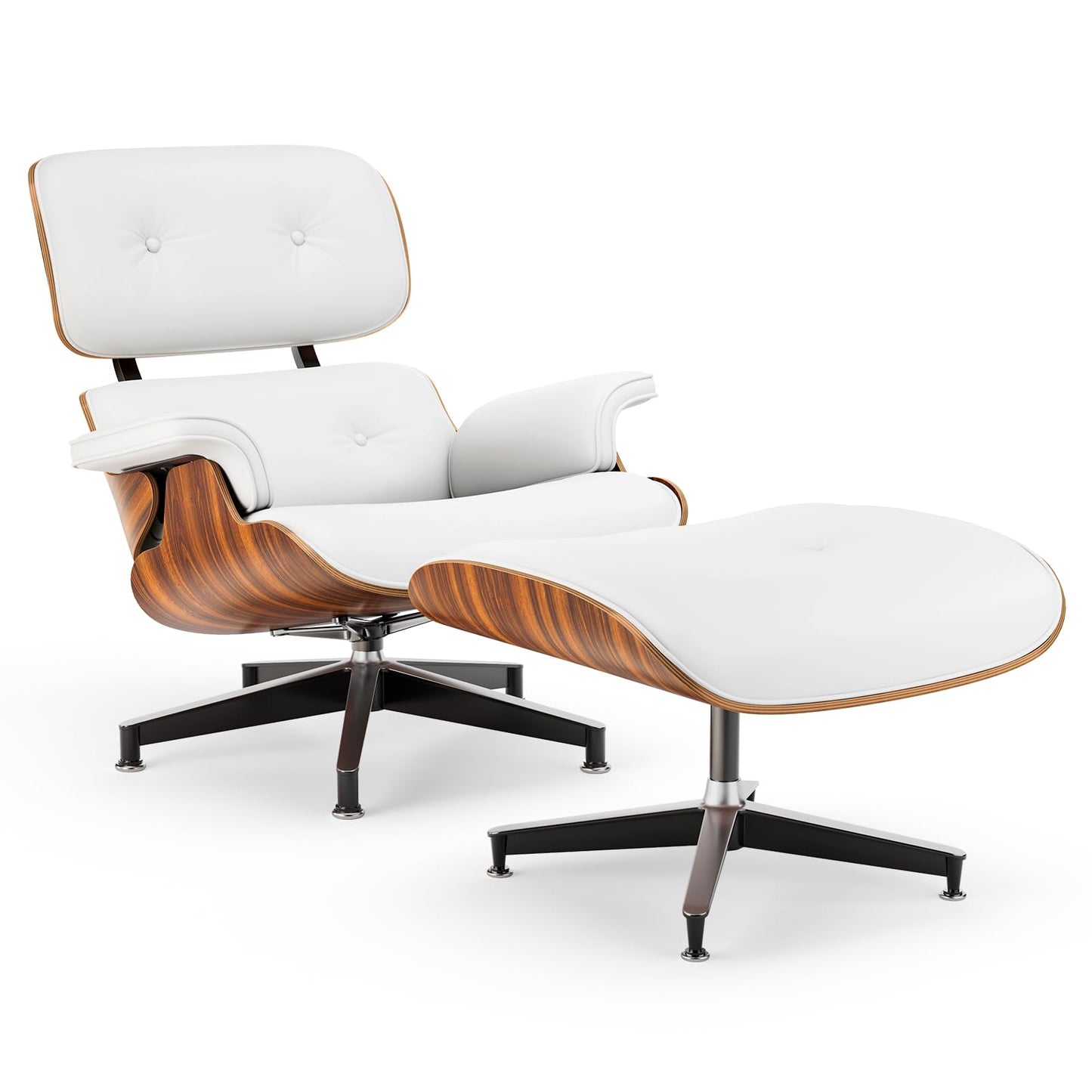 Top Black Grain Leather, Mid Century Chaise Lounge Chair and Ottoman, Modern Chair Classic Design, Walnut Wood, Heavy Duty Base Support for Living Room Office