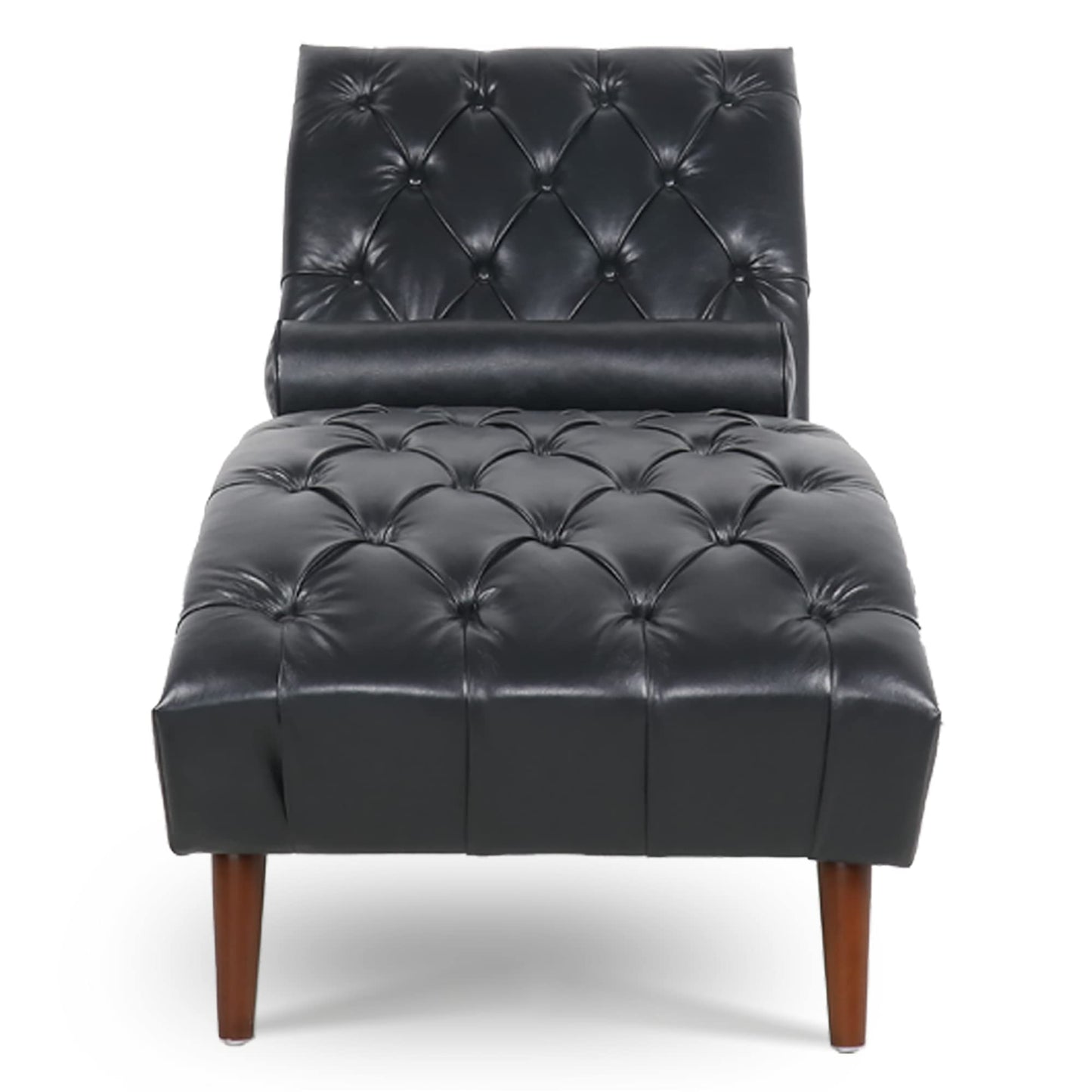 HomSof Modern ArmLess Chaise Lounge Indoor Black Upholstered Reclining Chair with Rolled Accent Pillow and Solid Wood Legs