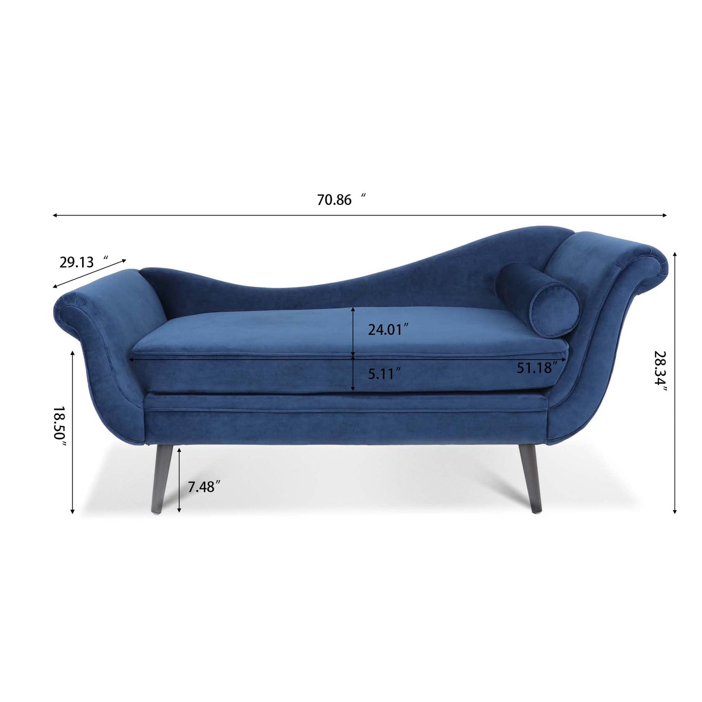 HomSof Modern ArmLess Chaise Lounge Indoor Black Upholstered Reclining Chair with Rolled Accent Pillow and Solid Wood Legs