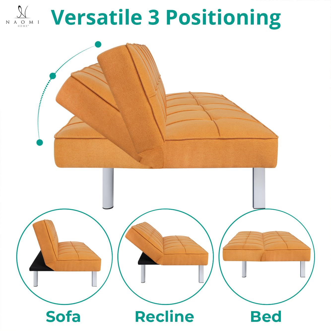 Naomi Home Madison Futon Sofa Bed, Tan Linen, 3-Position Convertible, Space-Saving, 66.14" W