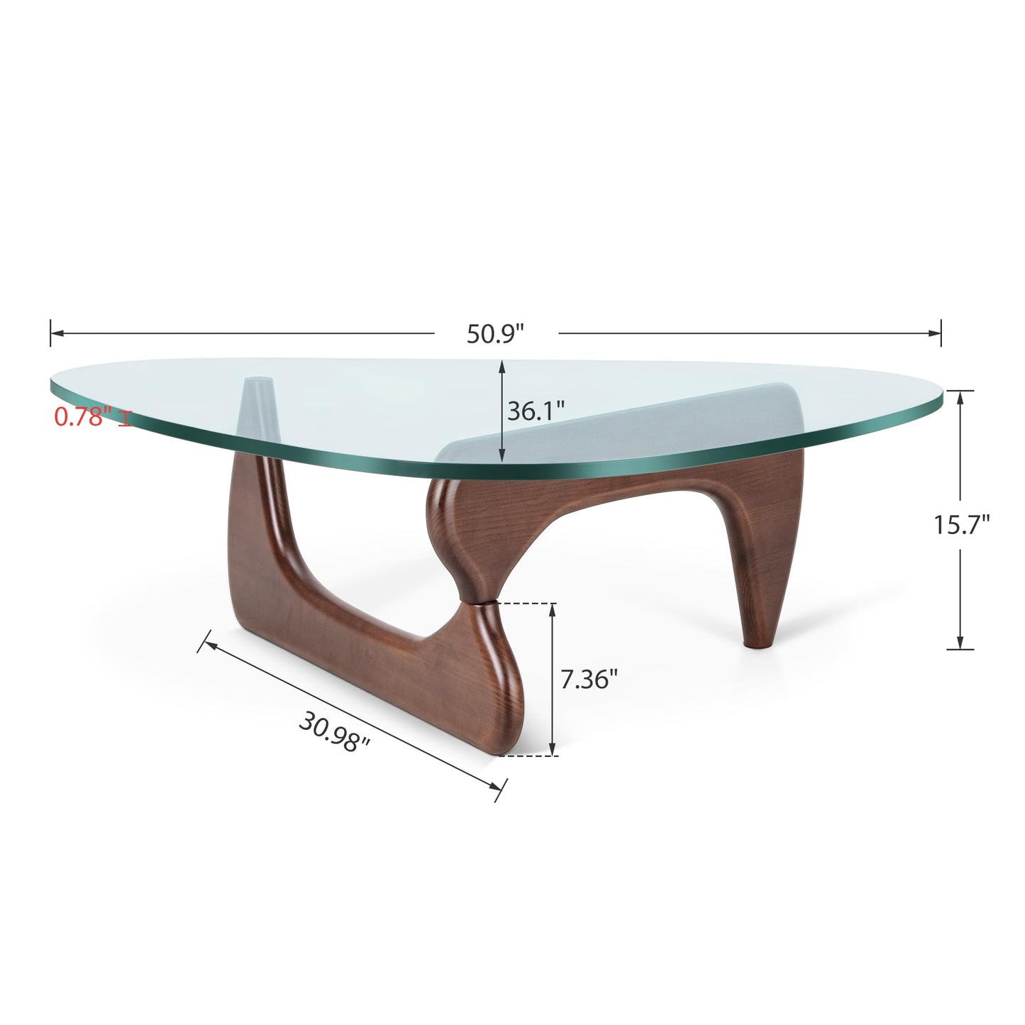 Noguchi Coffee Table – Mid-Century Modern Triangle Glass Coffee Table with Clear Tempered Top & Wood Base, End Table for Living Room Office Hotel Balcony, 50" W x 37.5" D