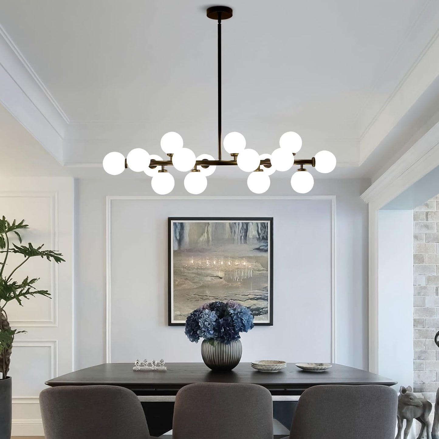CROSSIO Modern Linear Chandeliers Black 16 Lights Pendant Light Fixtures Bubble Glass Chandelier Mid Century Sputnik Chandelier for Kitchen Island Dining Room