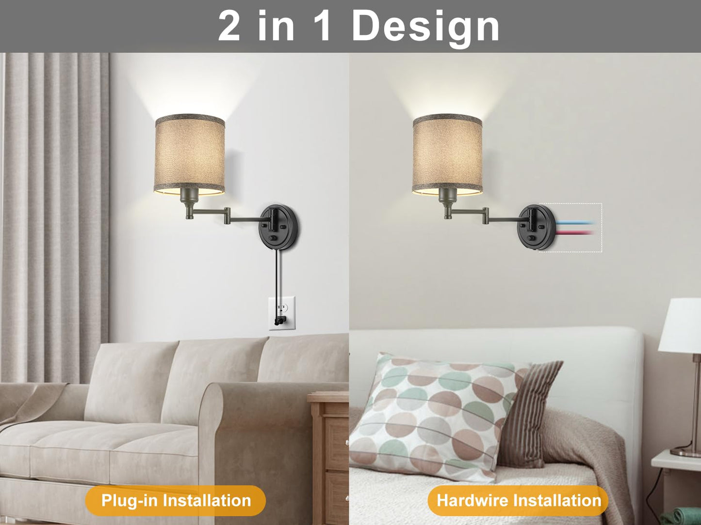 Plug in Wall Sconces with Remote Control, Dimming 10%-100% & Adjustable Colors 2700K-6500K, Hardwire or Plug-in, Swing Arm Wall Lamp with Linen Fabric Shade, Wall Sconces Set of Two, Black Finish