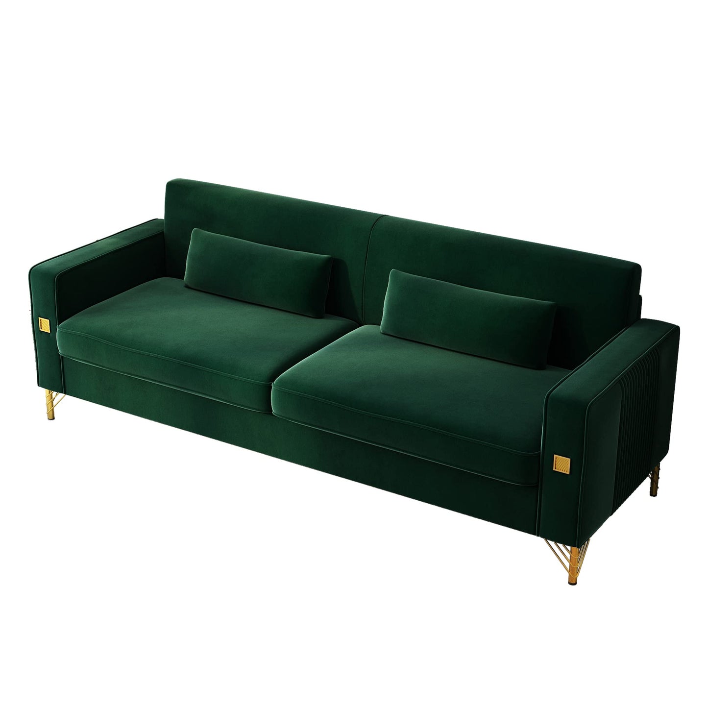 85.63" Velvet Sofa,Modern Loveseat Couch with Pillows Set of 2 for Living Room,Bedroom,Apartment Furniture with Gold Metal Legs (Green)