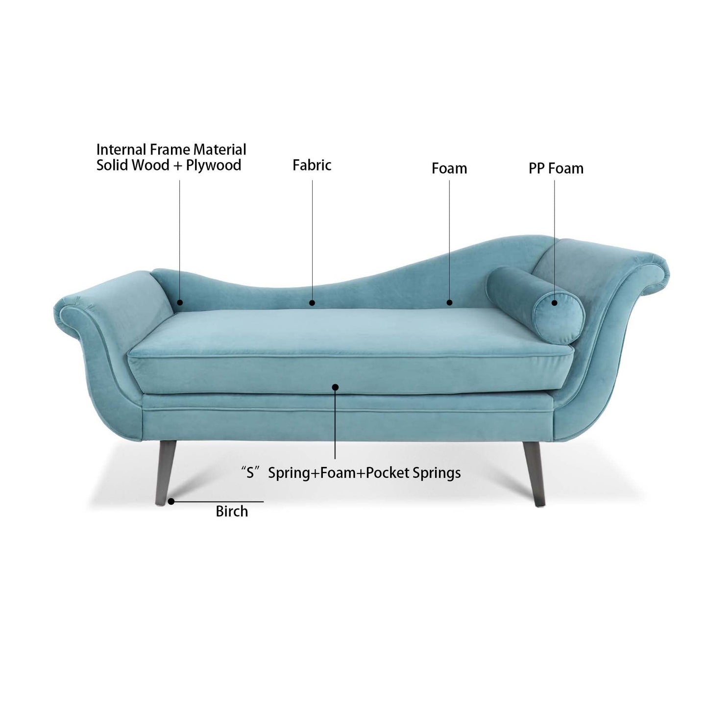 HomSof Modern ArmLess Chaise Lounge Indoor Black Upholstered Reclining Chair with Rolled Accent Pillow and Solid Wood Legs