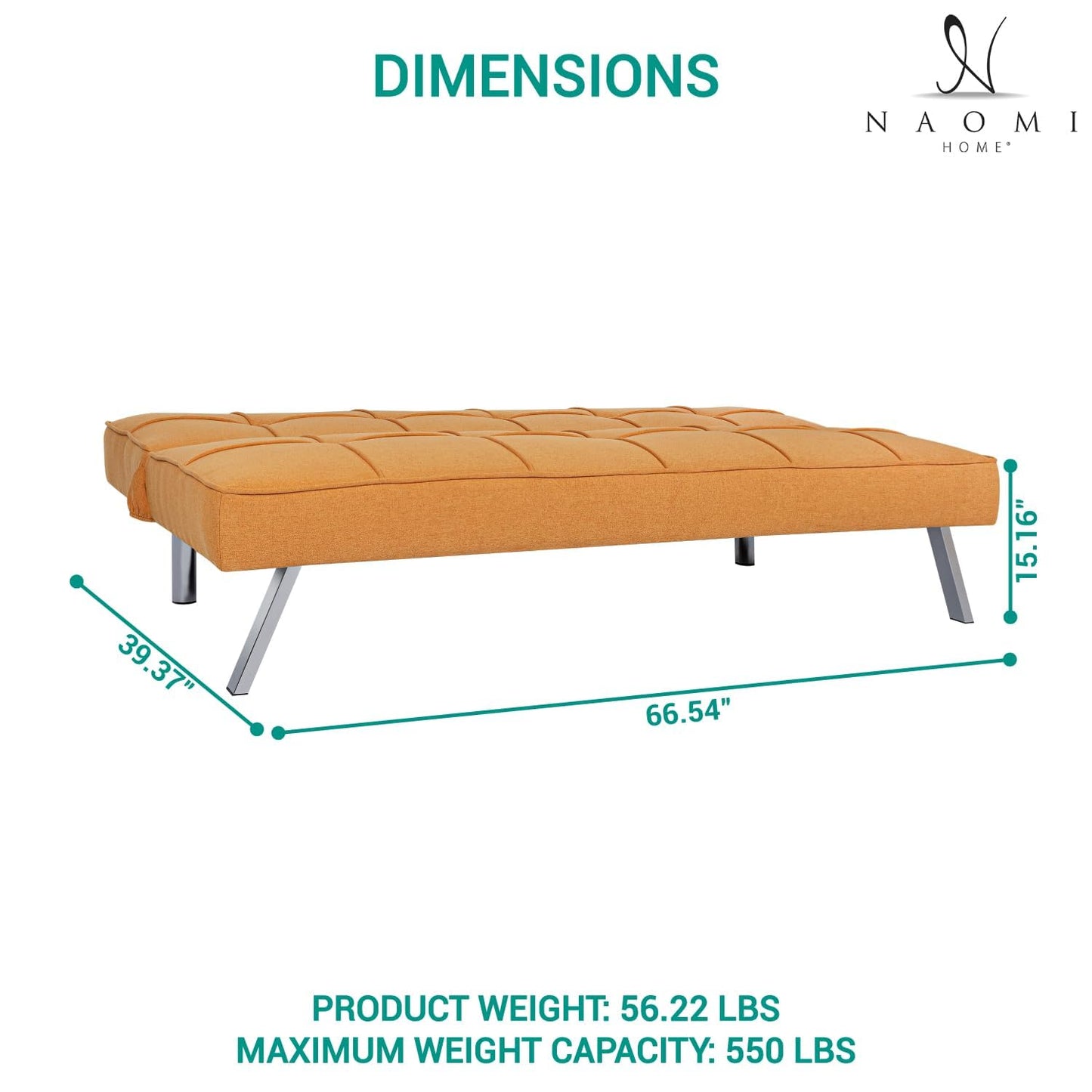 Naomi Home Madison Futon Sofa Bed, Tan Linen, 3-Position Convertible, Space-Saving, 66.14" W