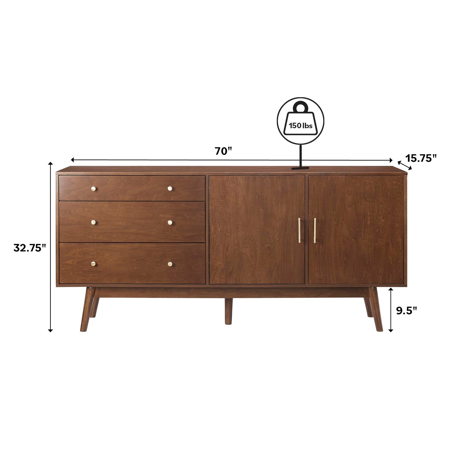 Walker Edison Mid-Century Modern Wood Kitchen Buffet Sideboard Entryway Serving Storage Cabinet Doors-Dining Room Console, 70 Inch, Walnut