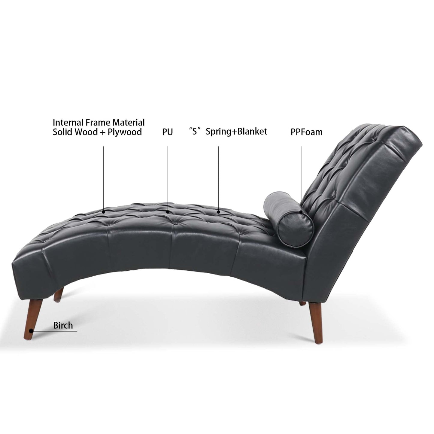 HomSof Modern ArmLess Chaise Lounge Indoor Black Upholstered Reclining Chair with Rolled Accent Pillow and Solid Wood Legs