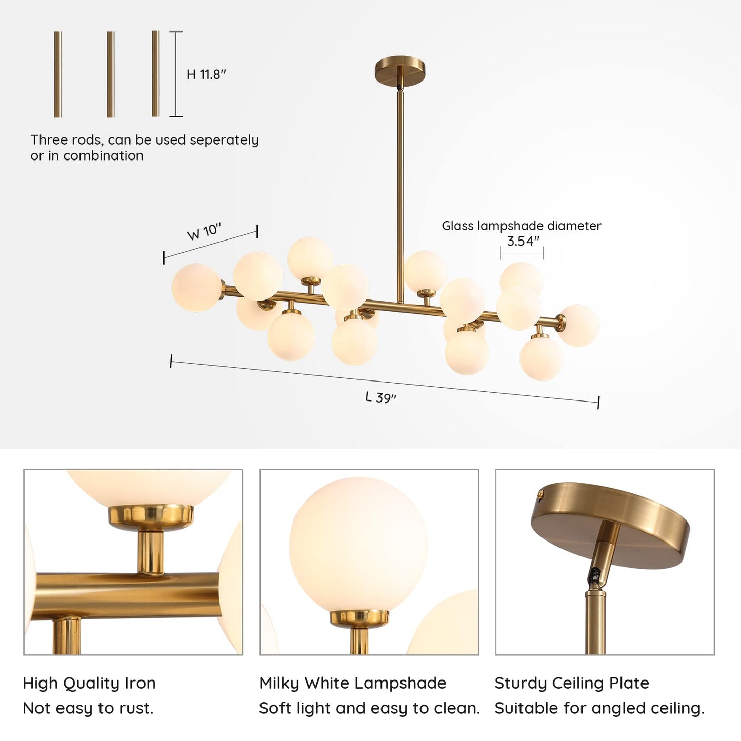 CROSSIO Modern Linear Chandeliers Black 16 Lights Pendant Light Fixtures Bubble Glass Chandelier Mid Century Sputnik Chandelier for Kitchen Island Dining Room