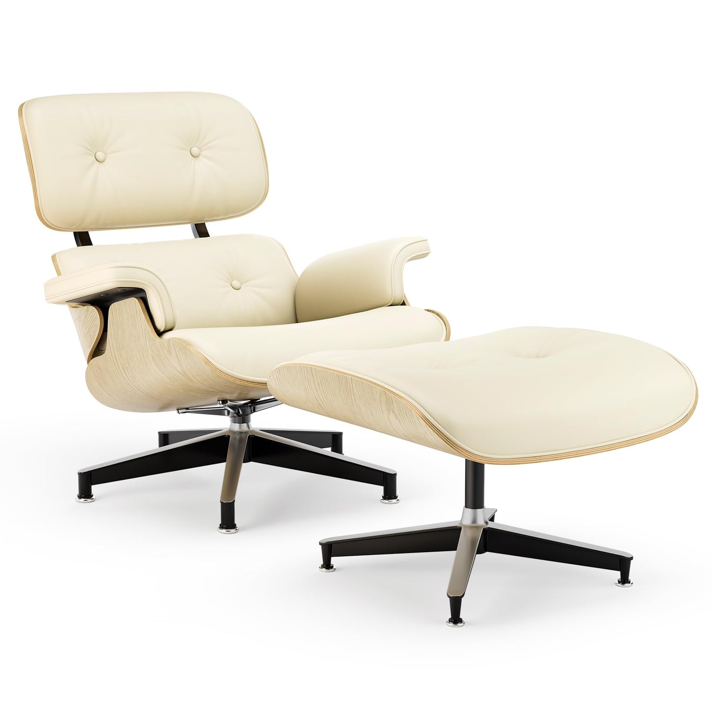 Top Black Grain Leather, Mid Century Chaise Lounge Chair and Ottoman, Modern Chair Classic Design, Walnut Wood, Heavy Duty Base Support for Living Room Office