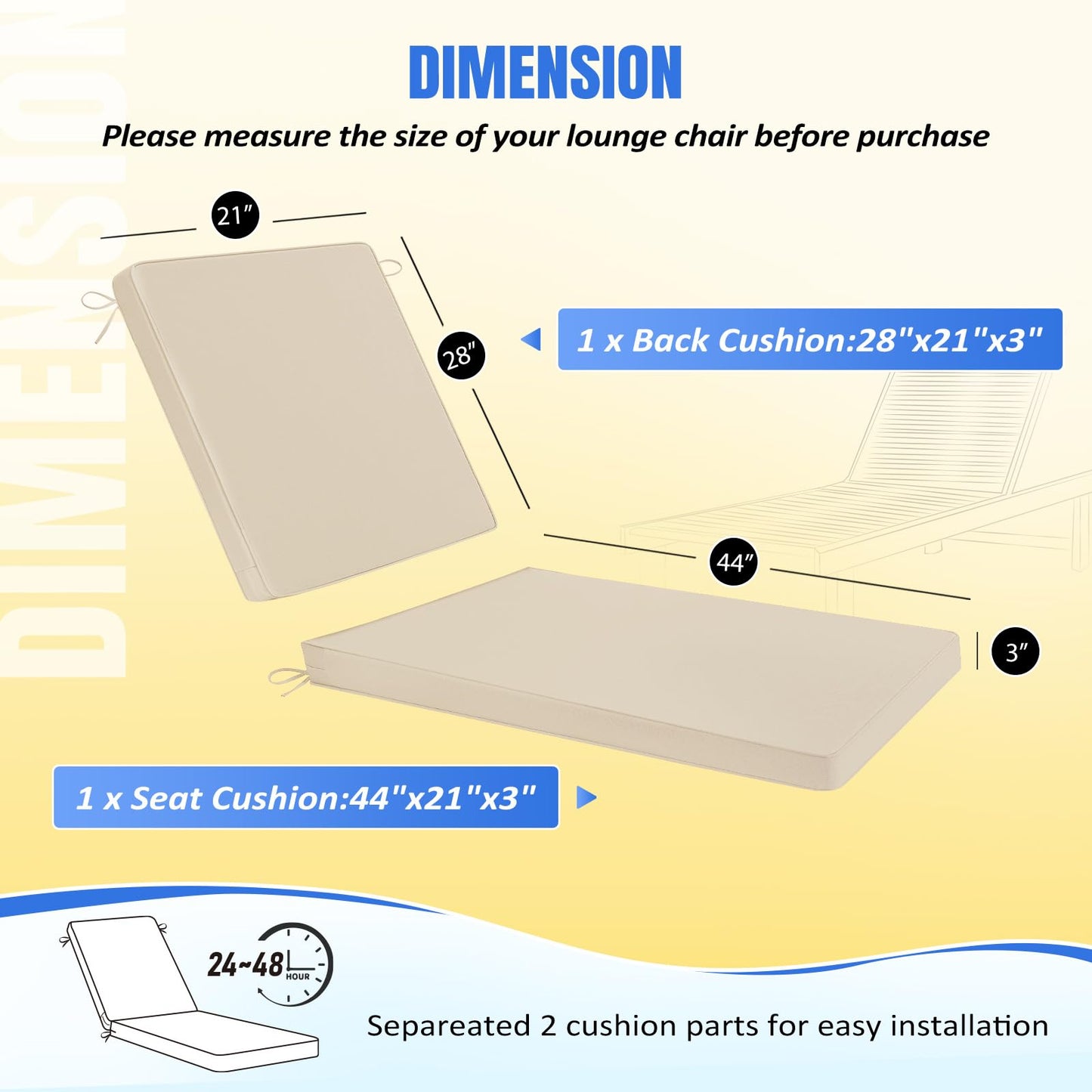 Basic Beyond Chaise Lounge Cushions Outdoor, 3-Layer Waterproof Outdoor Furniture Cushions with Removable Cover and 4 Ties, 72"x21"x3" Patio Lounge Chair Cushions for Outdoor Furniture, Yellow