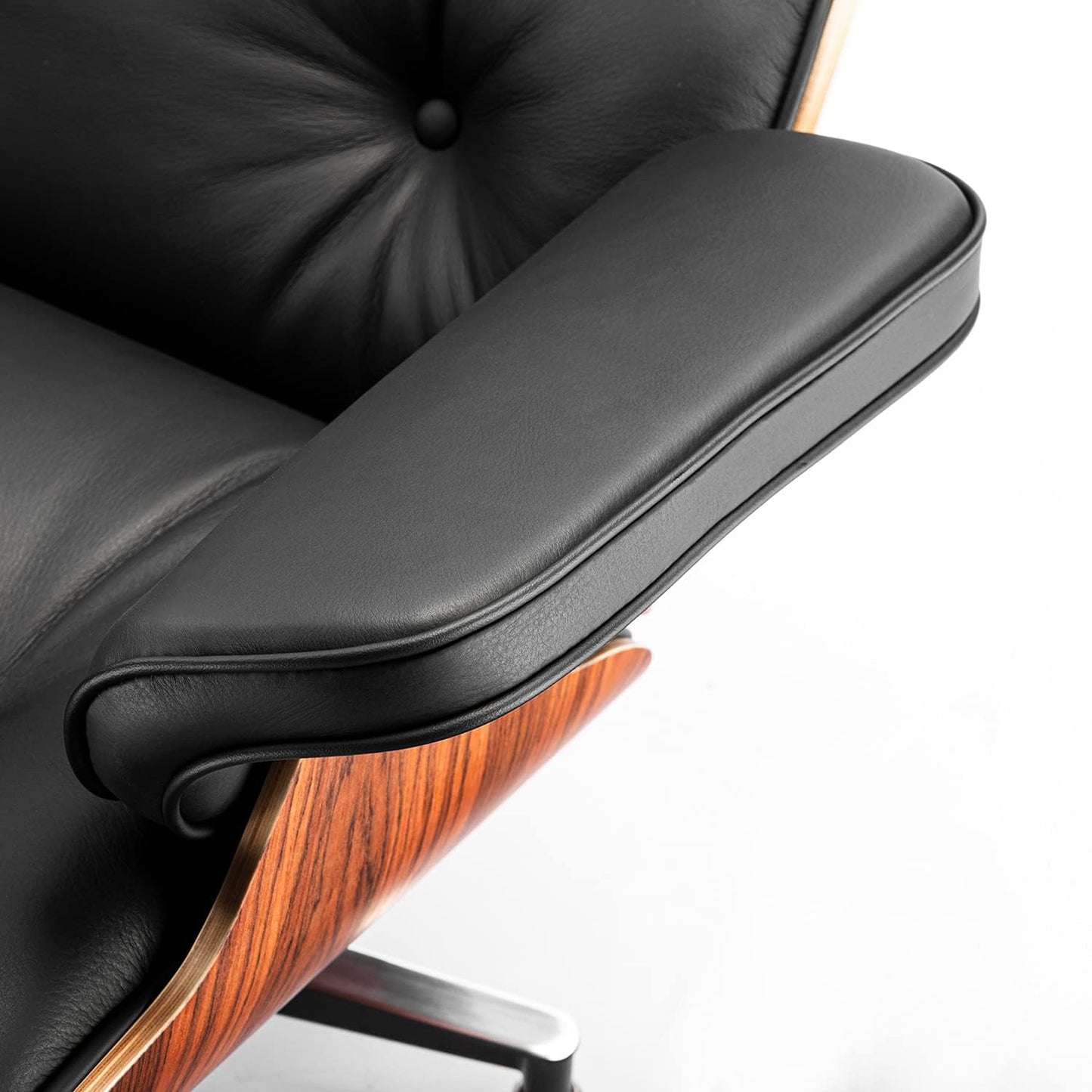 Top Black Grain Leather, Mid Century Chaise Lounge Chair and Ottoman, Modern Chair Classic Design, Walnut Wood, Heavy Duty Base Support for Living Room Office