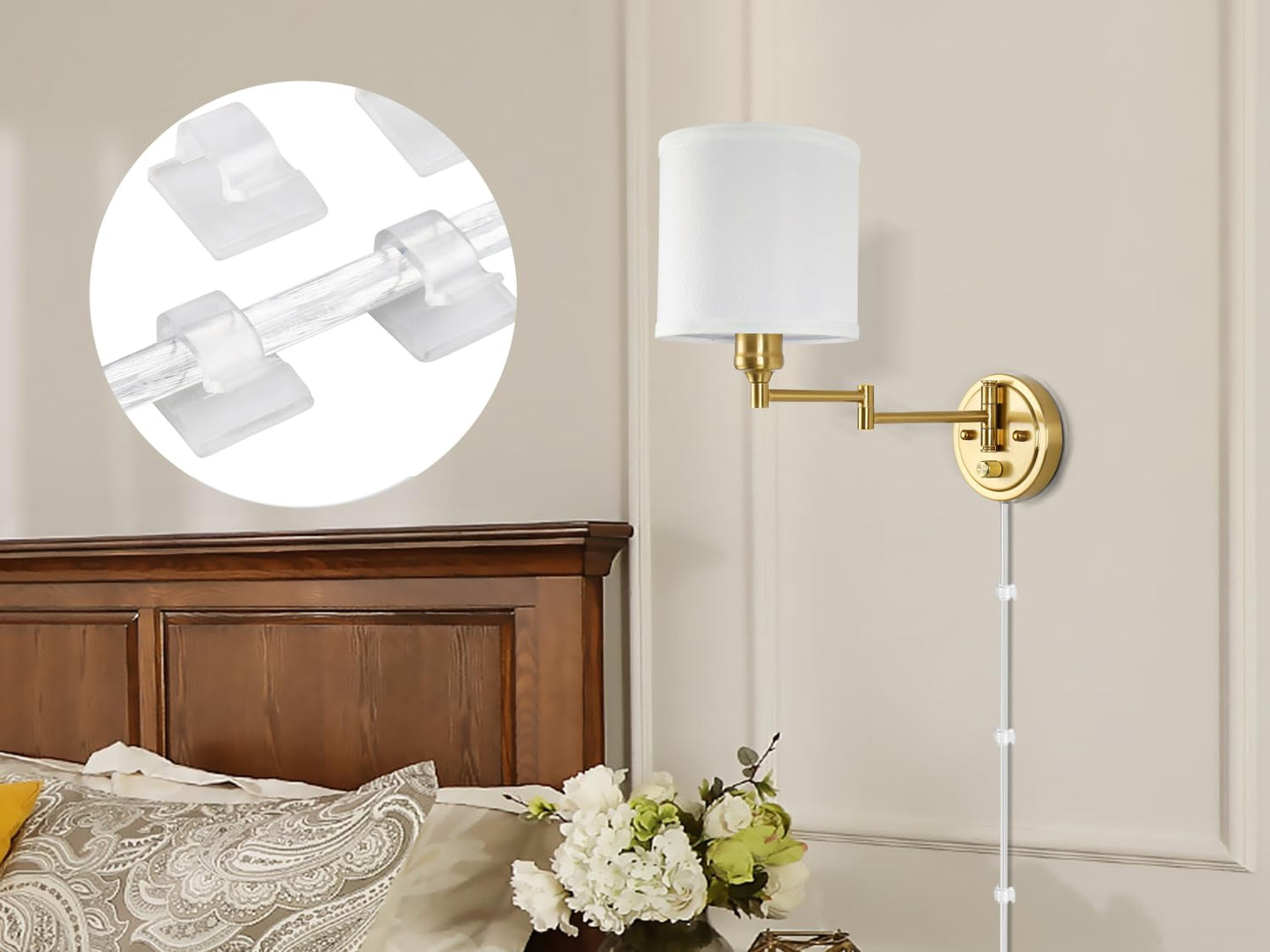 Plug in Wall Sconces with Remote Control, Dimming 10%-100% & Adjustable Colors 2700K-6500K, Hardwire or Plug-in, Swing Arm Wall Lamp with Linen Fabric Shade, Wall Sconces Set of Two, Black Finish