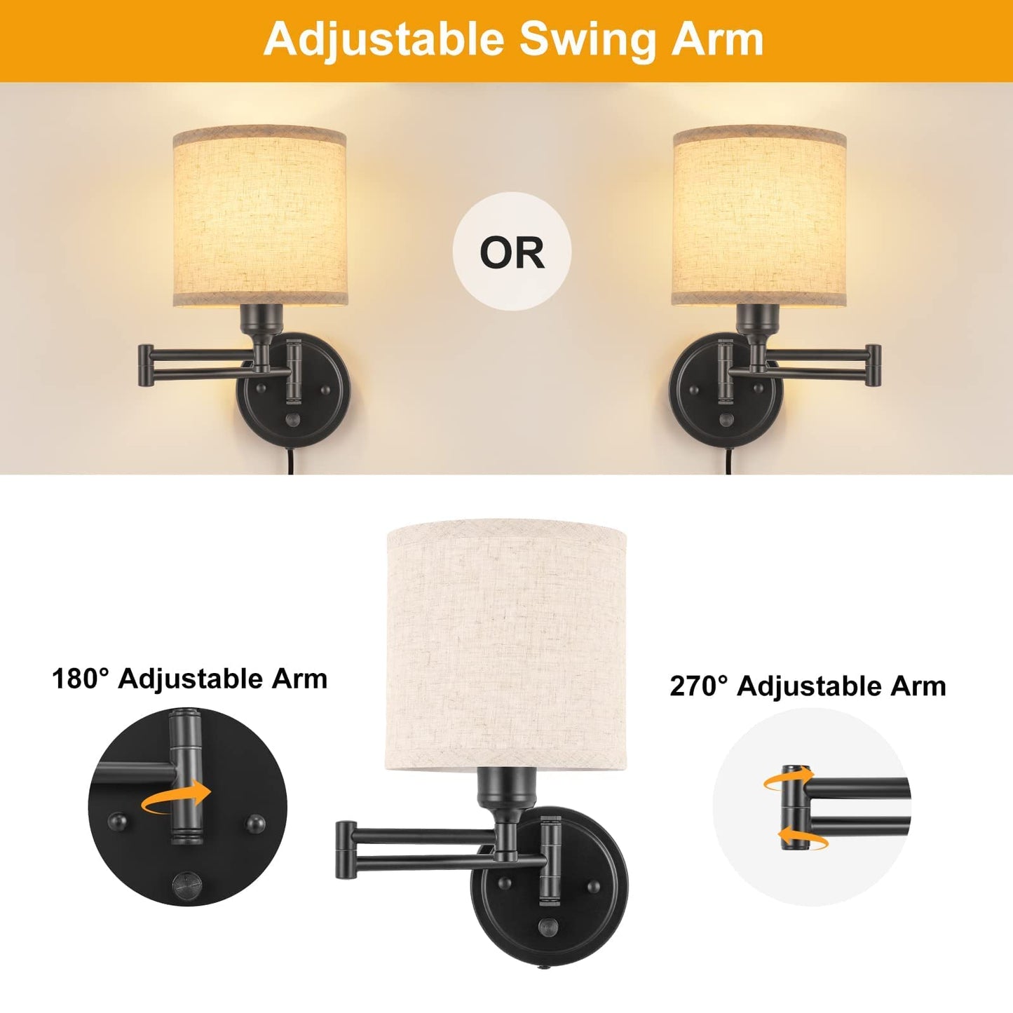 Plug in Wall Sconces with Remote Control, Dimming 10%-100% & Adjustable Colors 2700K-6500K, Hardwire or Plug-in, Swing Arm Wall Lamp with Linen Fabric Shade, Wall Sconces Set of Two, Black Finish