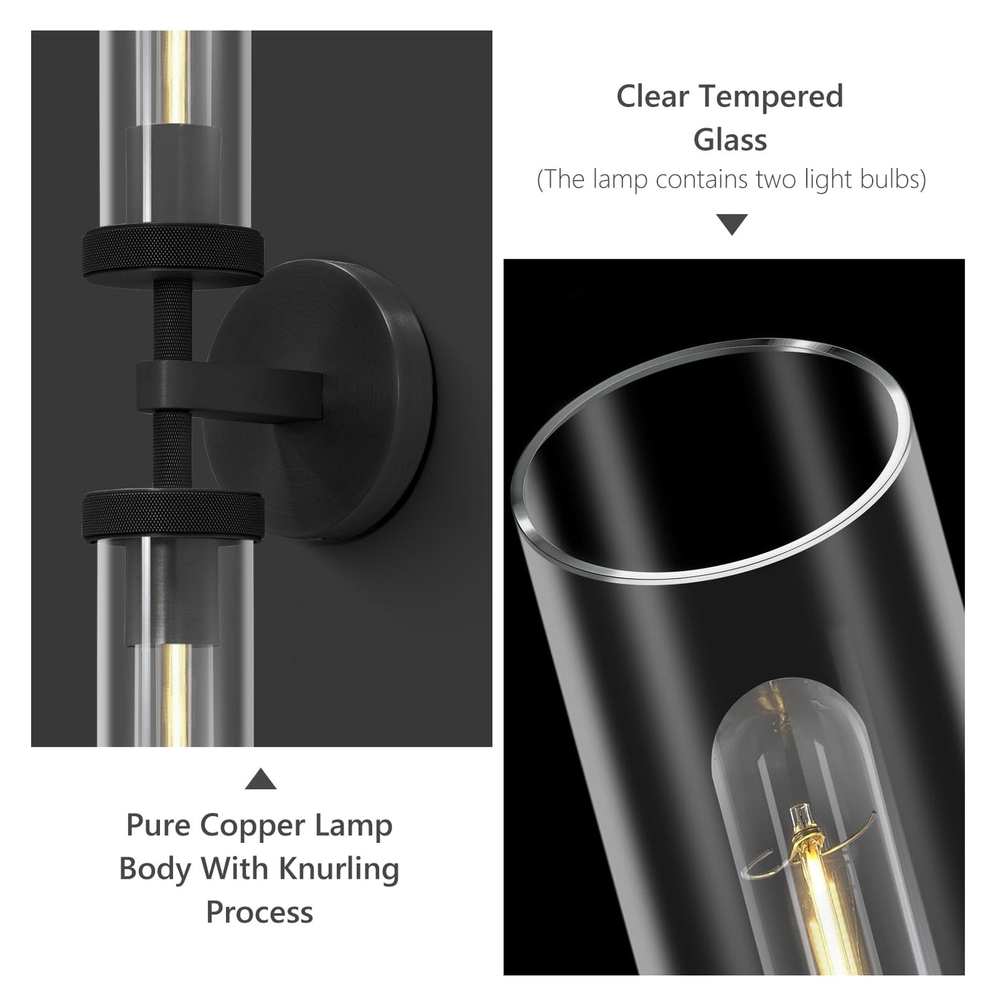 Brass Wall Sconces Set of Two, 19" Knurled Gold Sconces Wall Lighting, Tube Glass Bathroom Sconces Wall Lights for Bedroom Living Room Vanity Sconce Wall Lamp for Hallway, Staircase