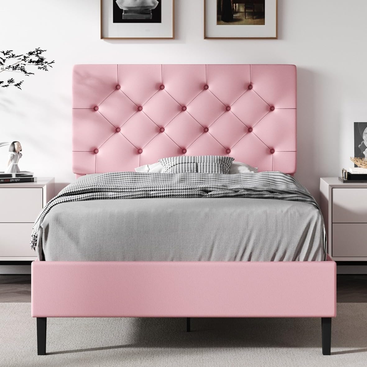 Queen Bed Frame with Headboard, Faux Leather Upholstered Platform Bed Frame, Blue Bed Frame Queen Size, Wooden Slat Support, No Box Spring Needed, Navy Blue