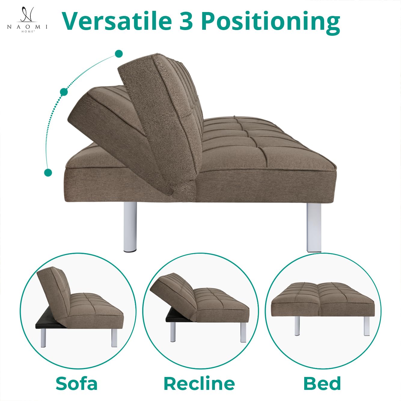 Naomi Home Madison Futon Sofa Bed, Tan Linen, 3-Position Convertible, Space-Saving, 66.14" W