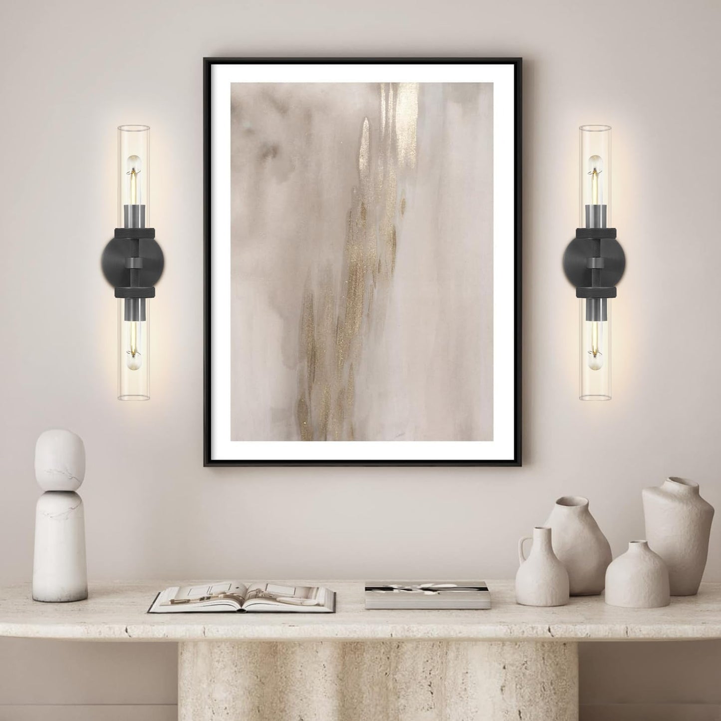 Brass Wall Sconces Set of Two, 19" Knurled Gold Sconces Wall Lighting, Tube Glass Bathroom Sconces Wall Lights for Bedroom Living Room Vanity Sconce Wall Lamp for Hallway, Staircase