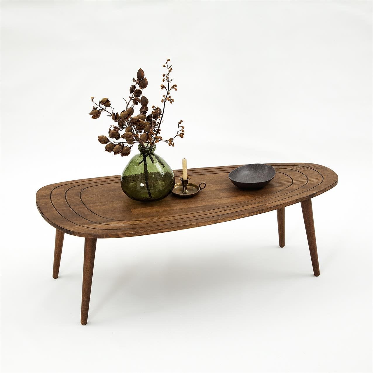 Solid Wood Oval Coffee Table, Engraved Wooden Center Table, Modern Surfboard Table, Mid Century Aesthetic Low Coffee Table, Vintage Living Room Furniture (Walnut)