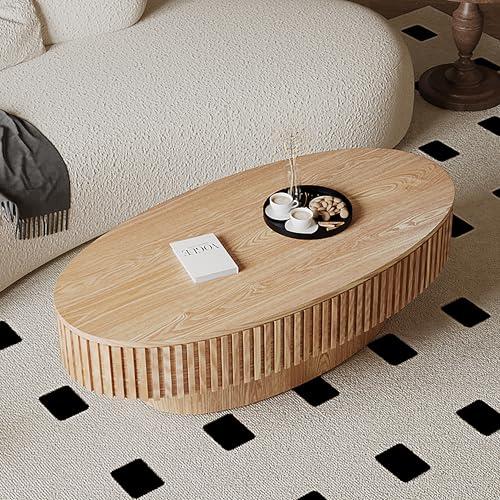 31.5" Round Drum Coffee Table with Storage, Handcraft Fluted Drum Coffee Table, Modern Wooden Circle Cocktail Tea Table Center Table with Sturdy Pedestal for Living Room Apartment (Walnut)