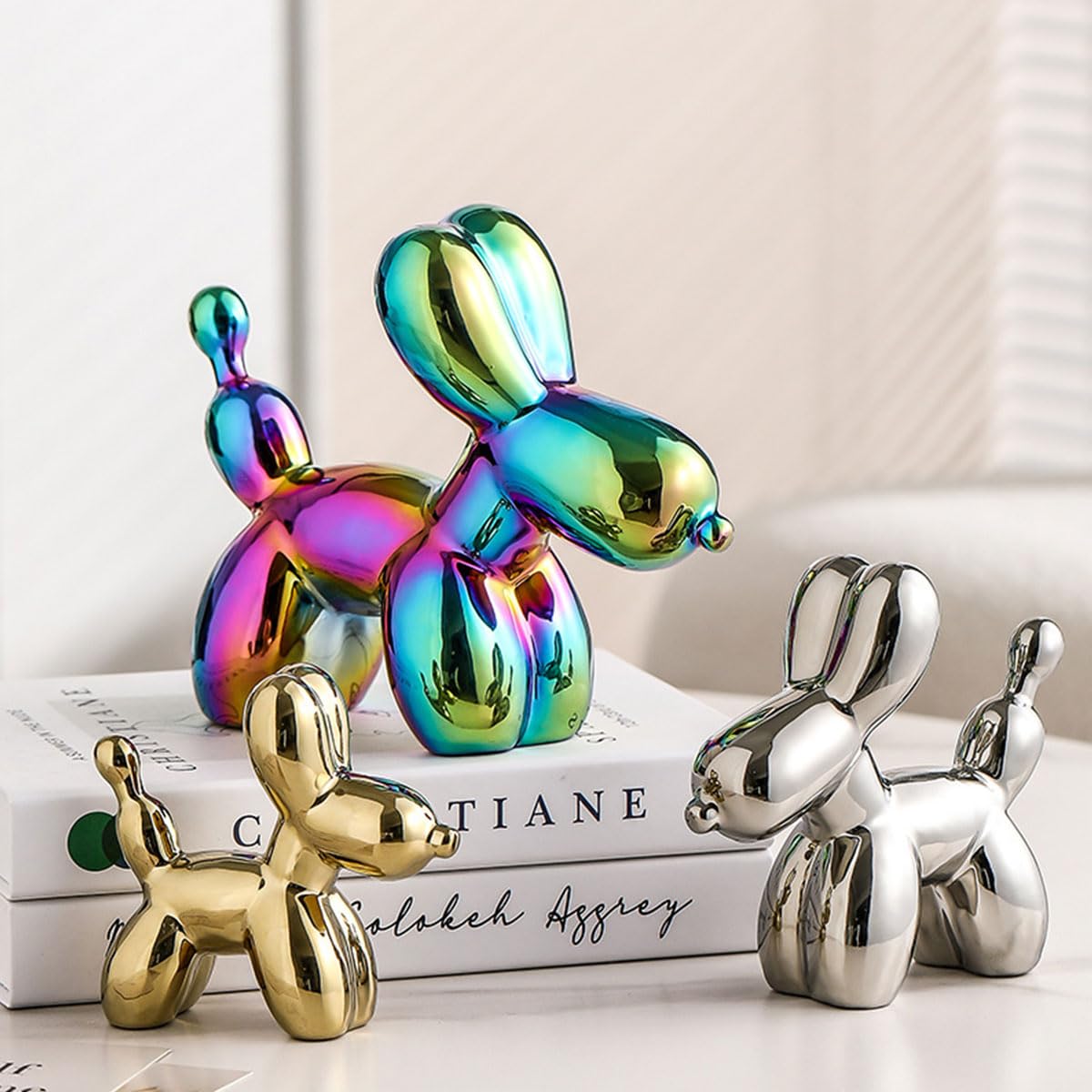 Electroplating Ceramics Balloon Dog Statue Crafts Living Room Desktop Decorations,Handmade Modern Small Ceramic Animal Statue Ornament Home Decor Accents (Dazzling, 5.1 Inch)