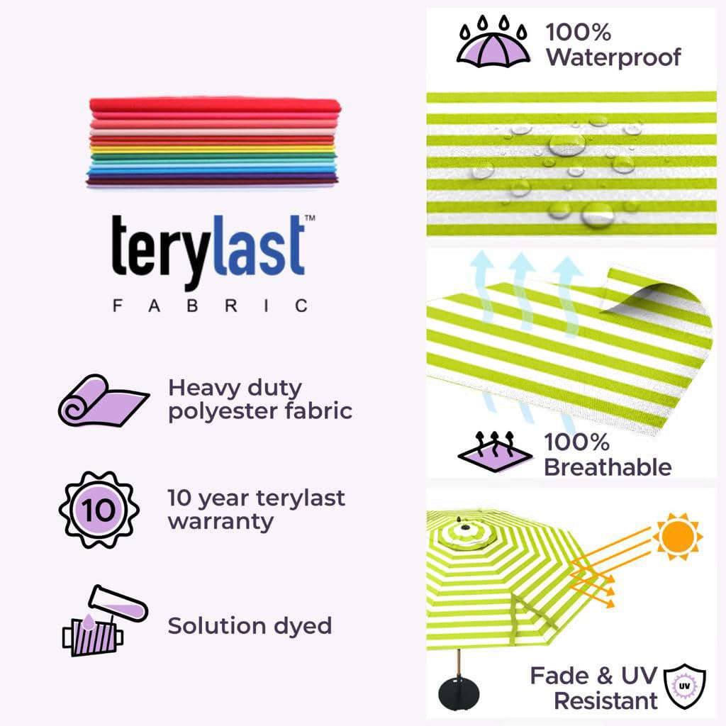 Midtown Umbrellas Push and Pop 9 Feet Outdoor Umbrella With Terylast Black/White Stripes Polyester Fabric - Fiberglass Ribs Deck Patio, Backyard, Garden & Pool - Silver Pole