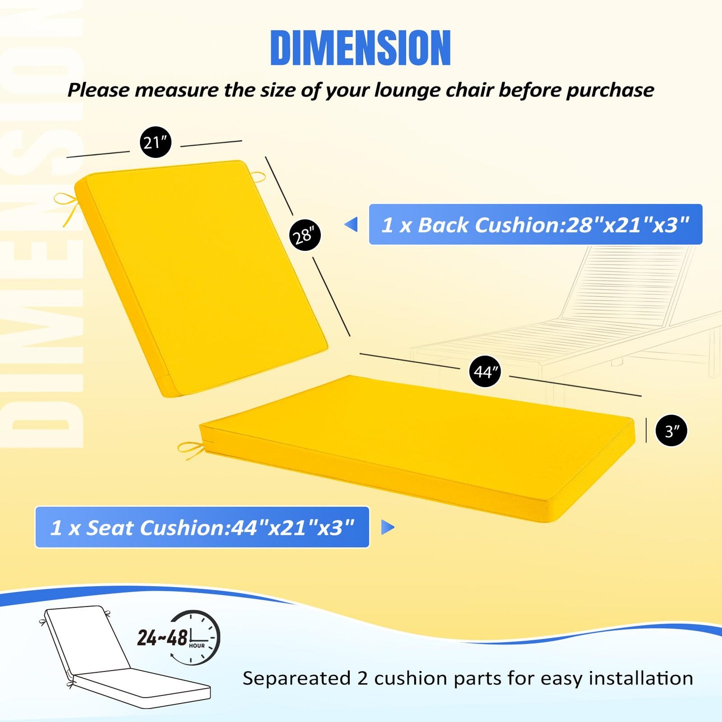 Basic Beyond Chaise Lounge Cushions Outdoor, 3-Layer Waterproof Outdoor Furniture Cushions with Removable Cover and 4 Ties, 72"x21"x3" Patio Lounge Chair Cushions for Outdoor Furniture, Yellow