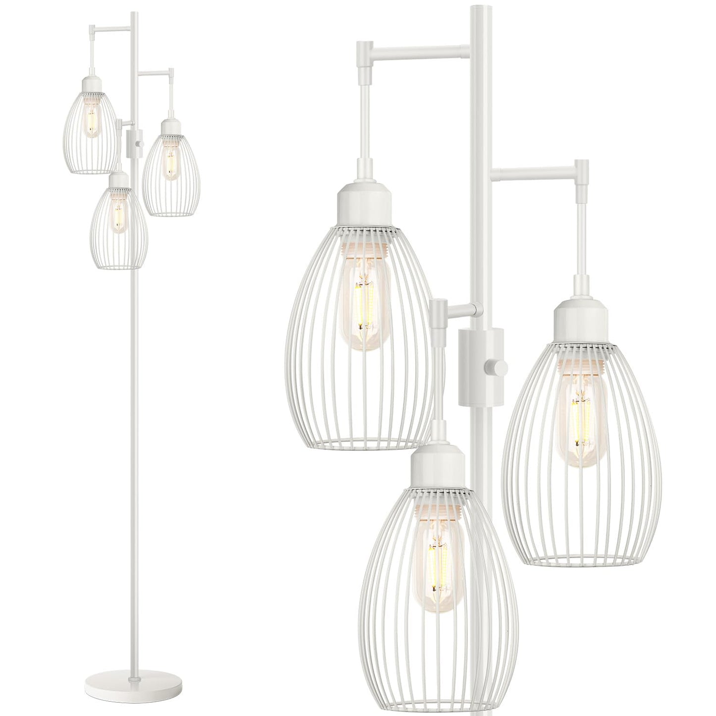 Dimmable Floor Lamp, 3 x 800LM LED Edison Bulbs Included, Farmhouse Industrial Floor Lamp Standing Tree Lamp with Elegant Teardrop Cage Tall Lamps for Living Room Bedroom Office Dining Room-Black