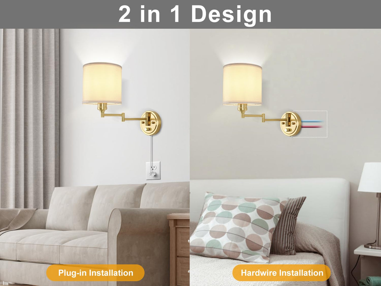 Plug in Wall Sconces with Remote Control, Dimming 10%-100% & Adjustable Colors 2700K-6500K, Hardwire or Plug-in, Swing Arm Wall Lamp with Linen Fabric Shade, Wall Sconces Set of Two, Black Finish