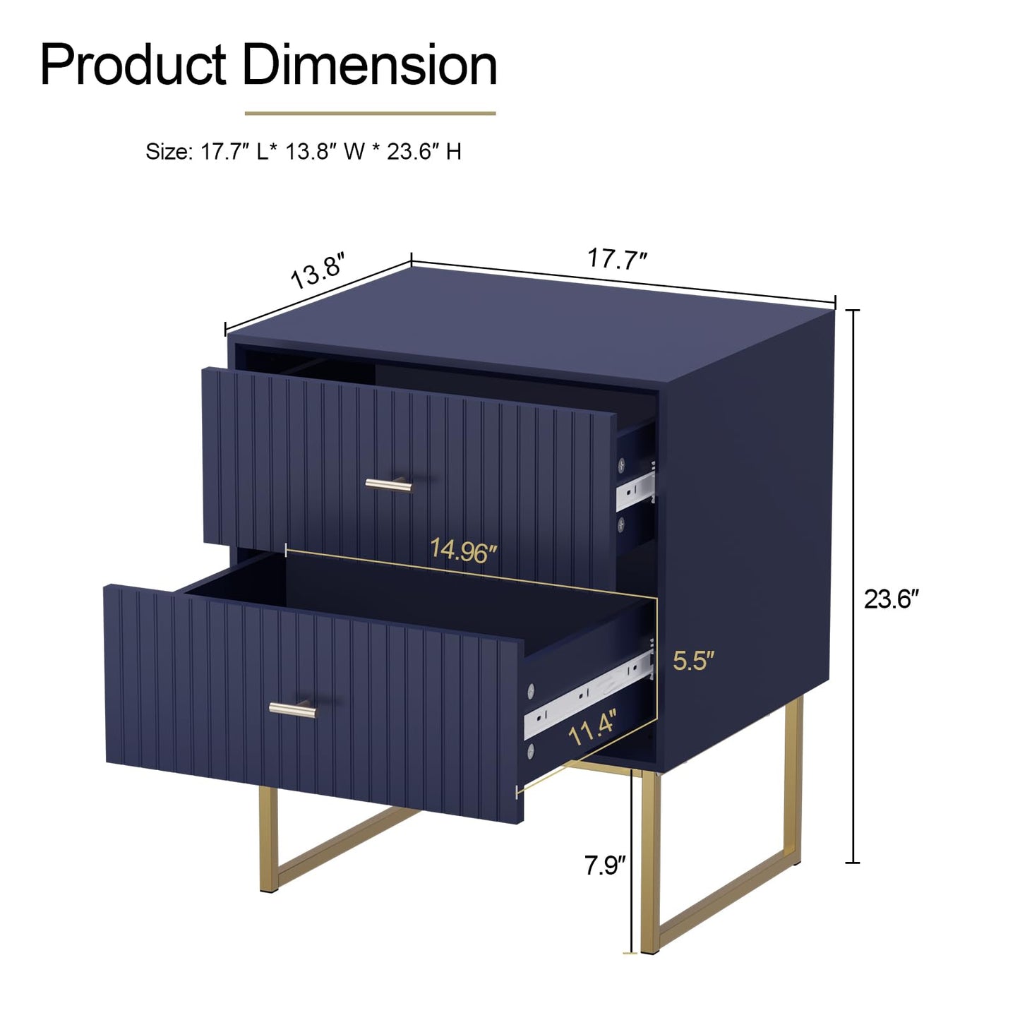 UEV Navy Blue Nightstand Set of 2,Modern Grooved Stripes Bed Side Table with 2 Drawers,Wood End Table with Golden Metal Handles and Pedestal Frame for Bedroom Living Room