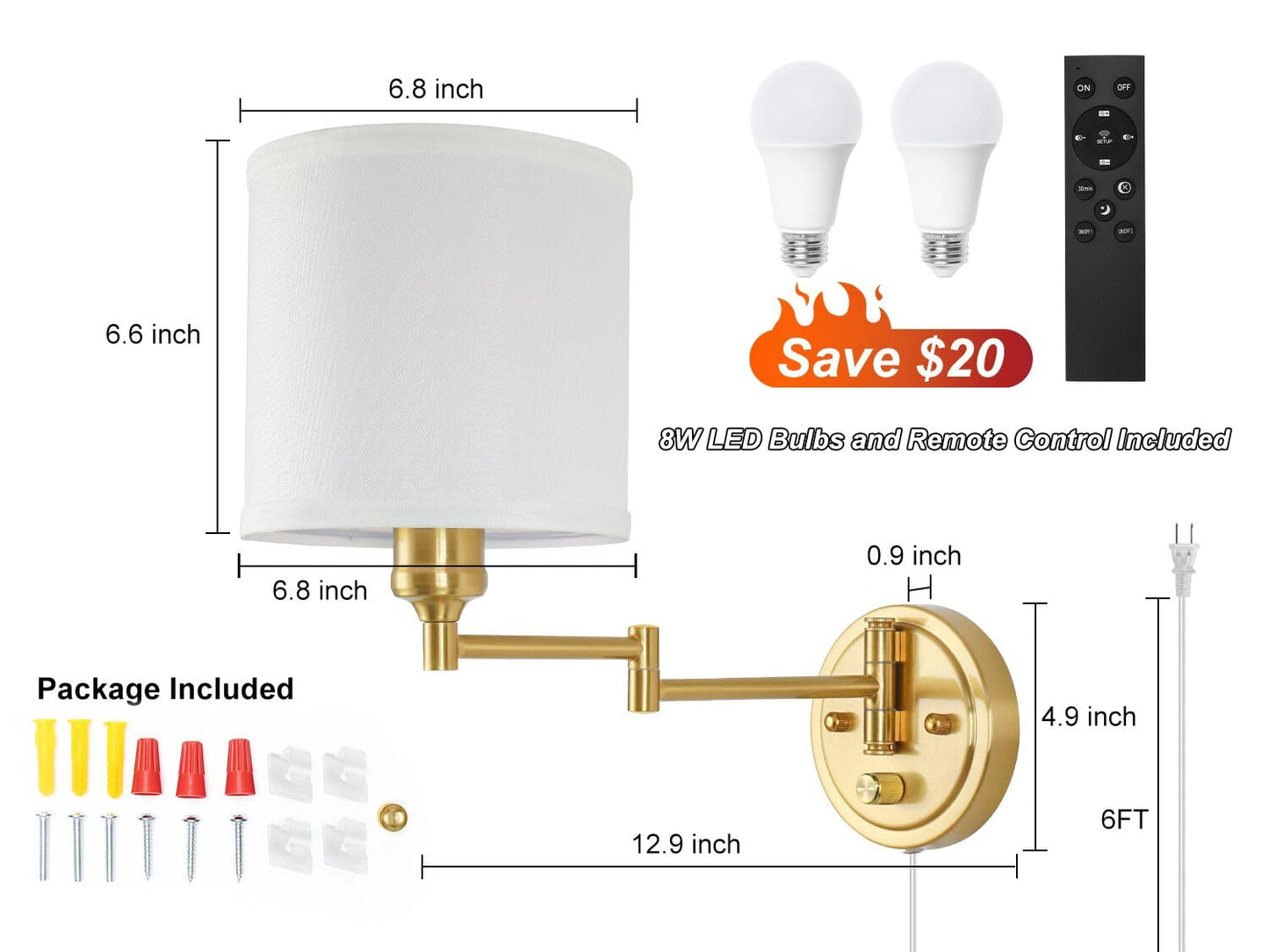 Plug in Wall Sconces with Remote Control, Dimming 10%-100% & Adjustable Colors 2700K-6500K, Hardwire or Plug-in, Swing Arm Wall Lamp with Linen Fabric Shade, Wall Sconces Set of Two, Black Finish