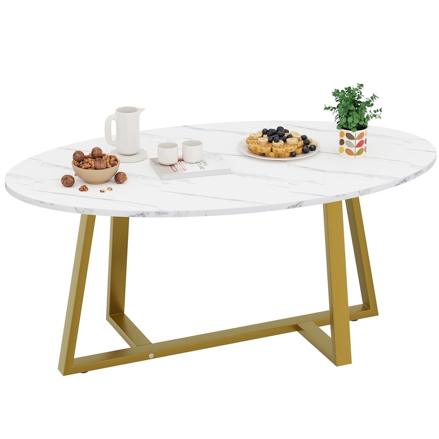 Coffee Table White Faux Marble Coffee Table for Living Room,Oval Center Tables Modern Tea Table for Small Space,Wooden Living Room Tables End Table with Sturdy Gold Metal Leg