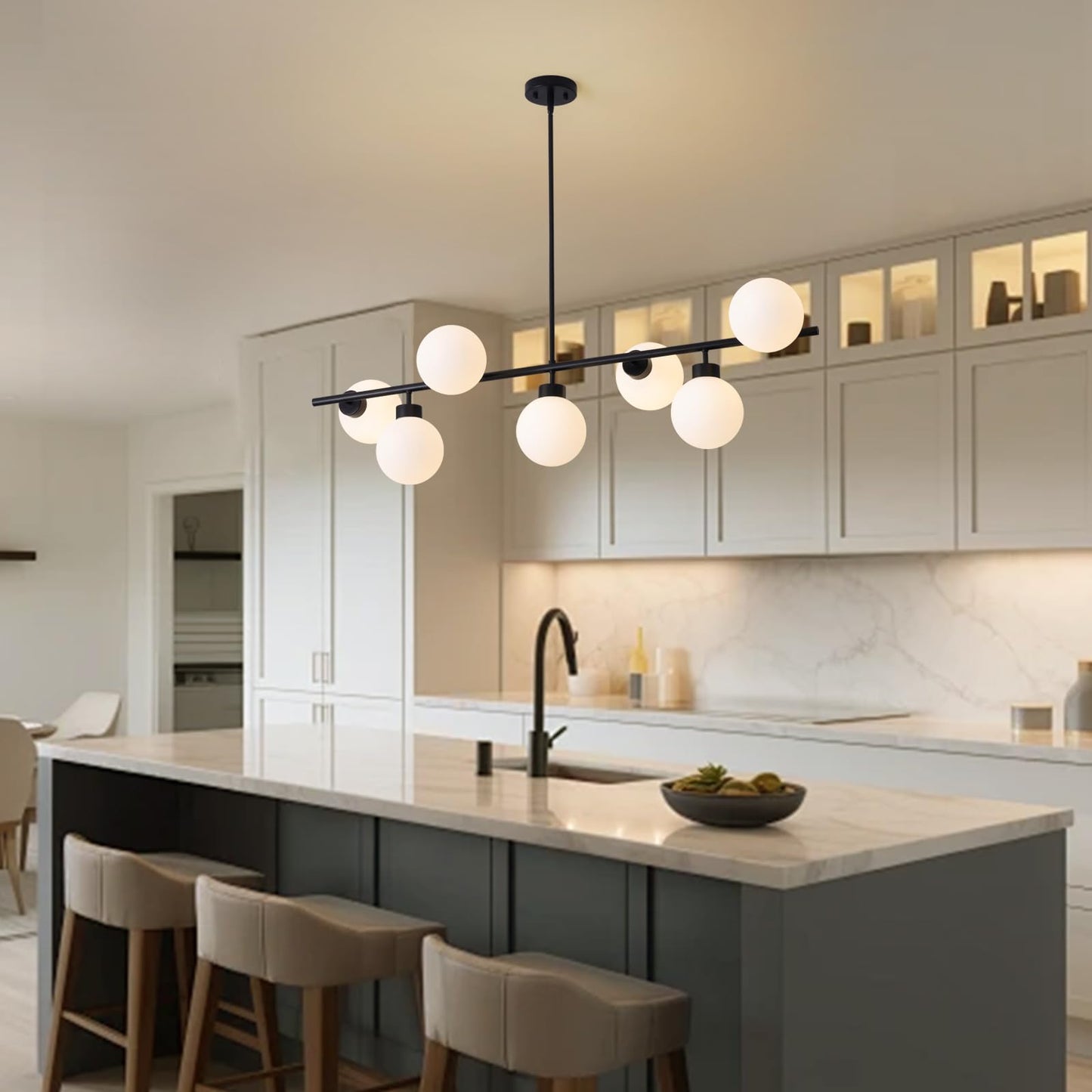 CROSSIO Modern Linear Chandeliers Black 16 Lights Pendant Light Fixtures Bubble Glass Chandelier Mid Century Sputnik Chandelier for Kitchen Island Dining Room