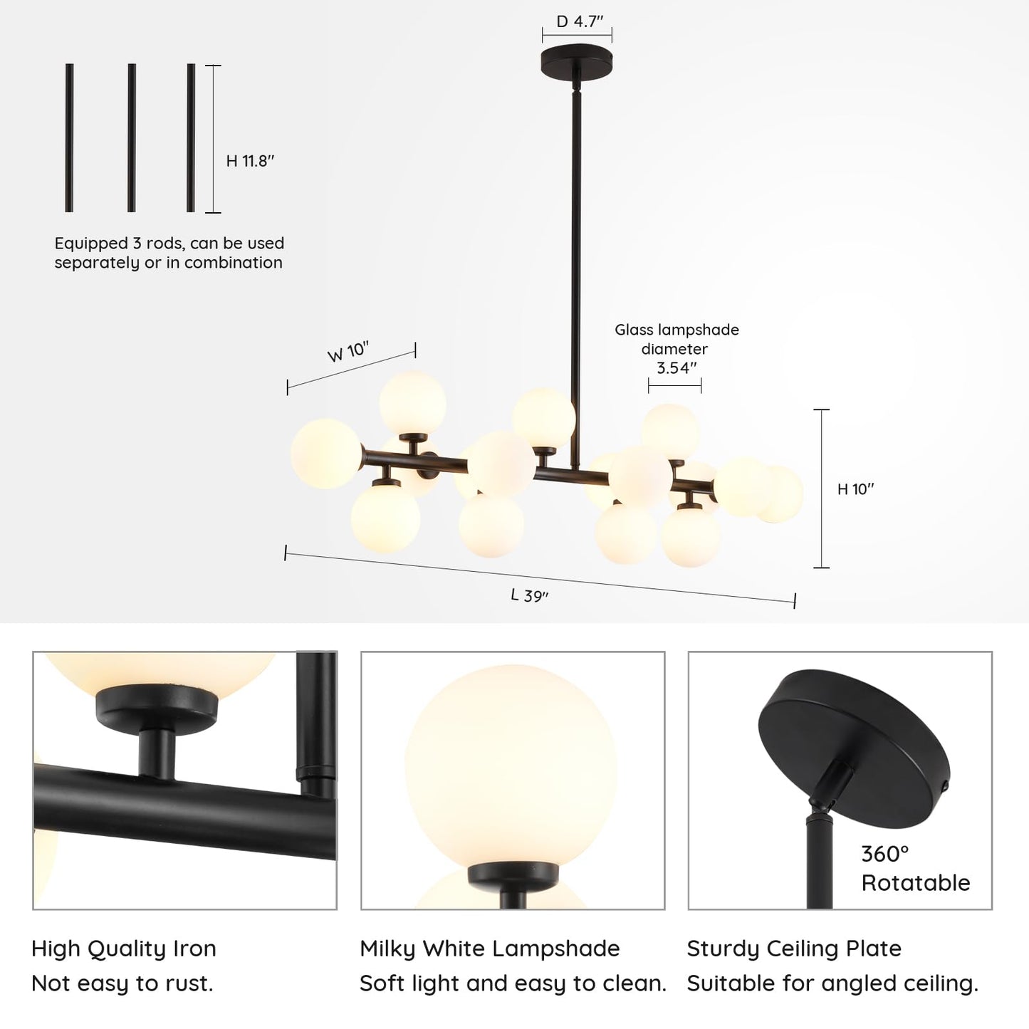 CROSSIO Modern Linear Chandeliers Black 16 Lights Pendant Light Fixtures Bubble Glass Chandelier Mid Century Sputnik Chandelier for Kitchen Island Dining Room