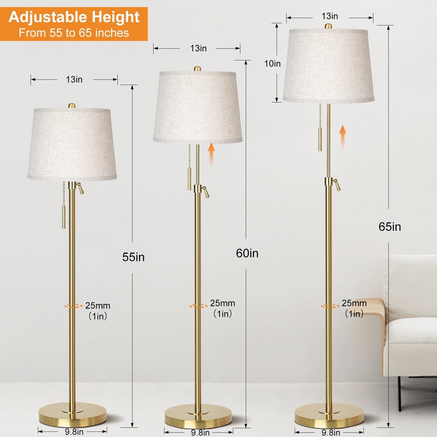 Floor Lamp for Living Room,Adjustable Height Standing Lamp,Dimmable Modern Floor Lamps for Bedroom Office Tall Floor Lights with Pull Chain Bulb Included-Silver Gray Shade