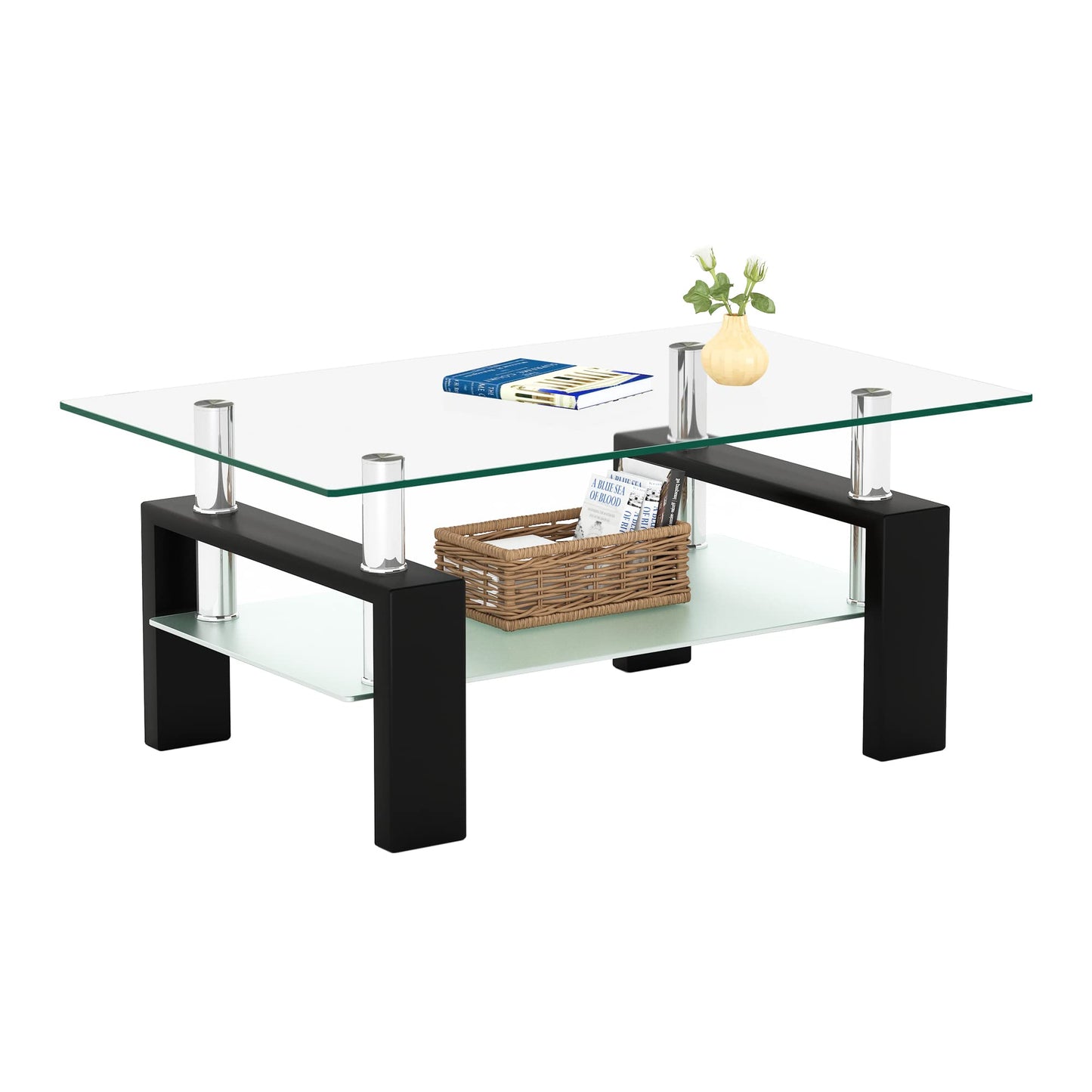 Meihua Tempered Glass Coffee Table for Living Room, Clear Center Table with 0.47 inch Tempered Glass, Transparent Modern Coffee Table