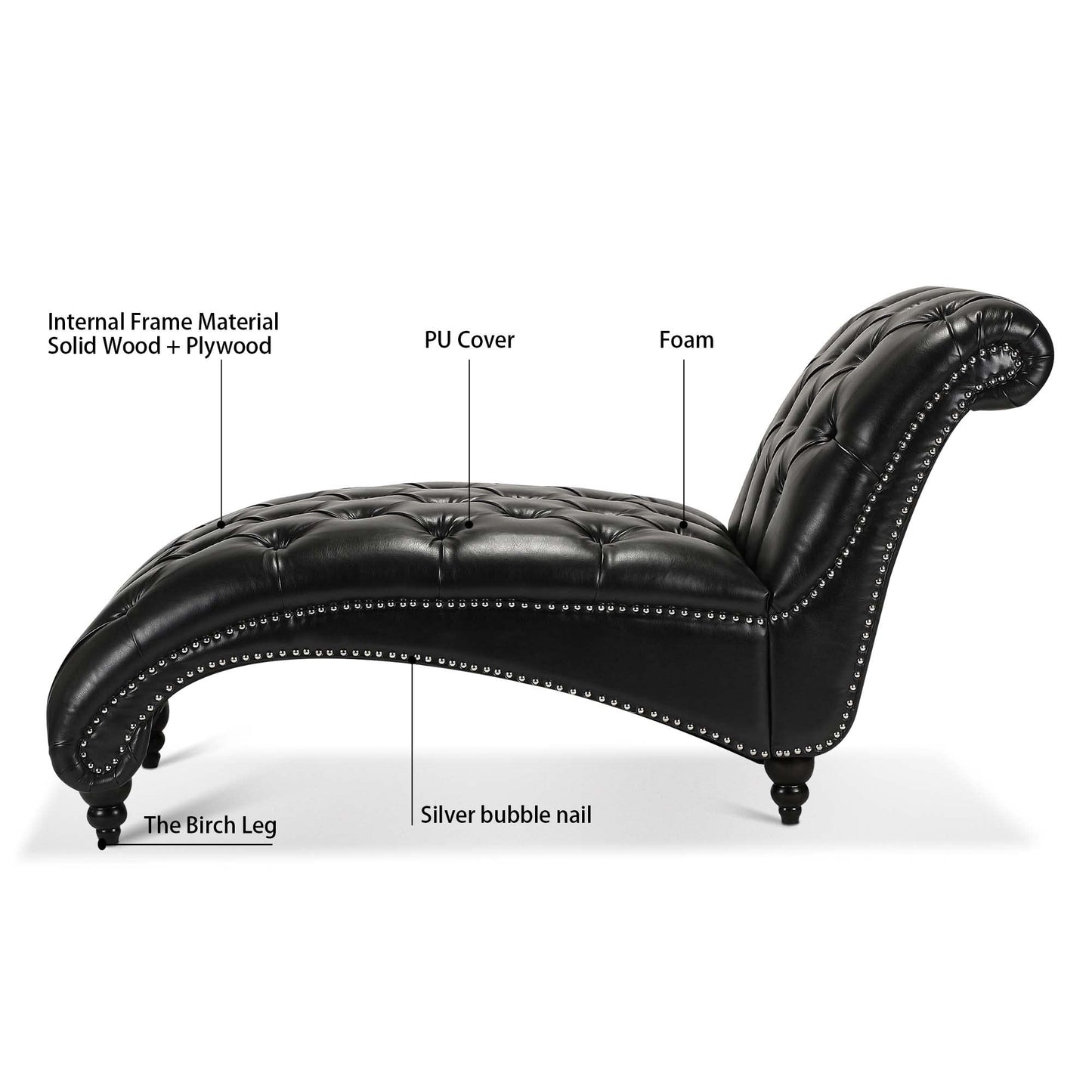 HomSof Modern ArmLess Chaise Lounge Indoor Black Upholstered Reclining Chair with Rolled Accent Pillow and Solid Wood Legs