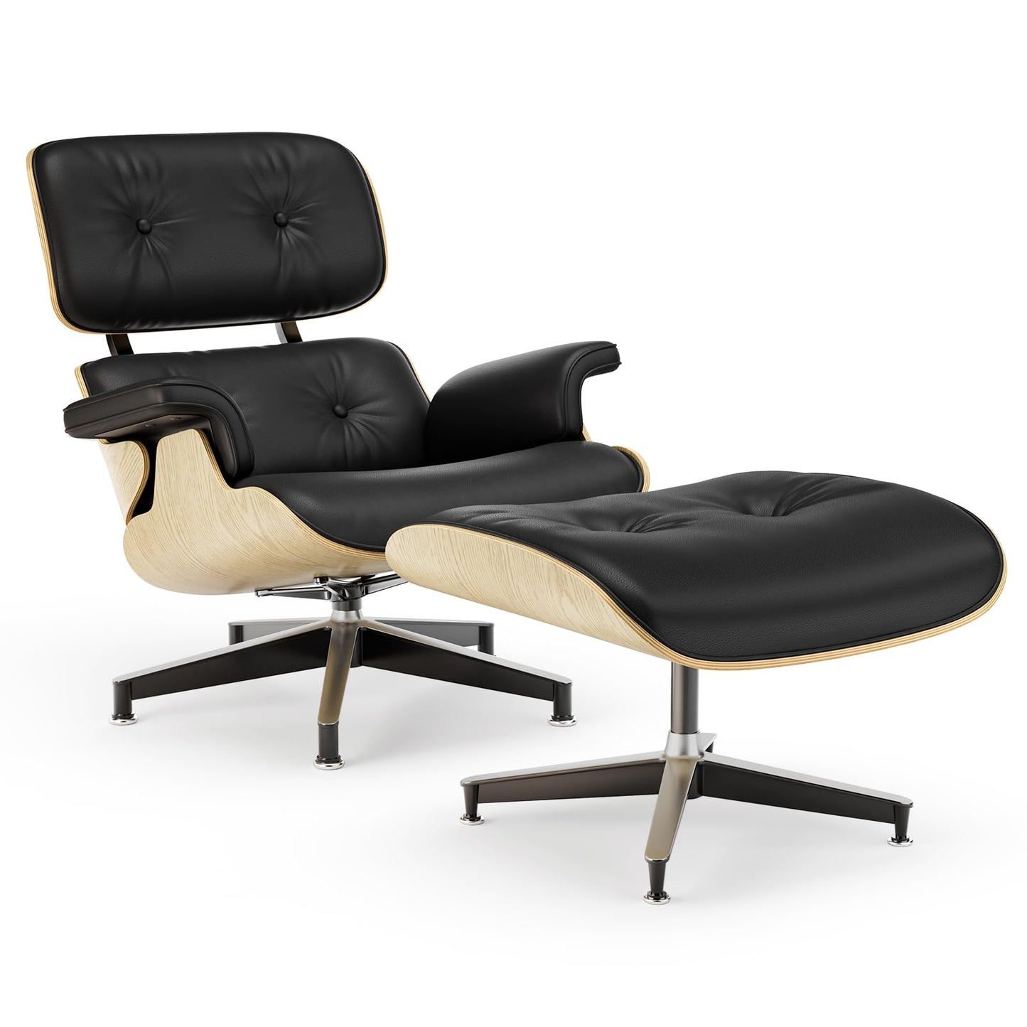 Top Black Grain Leather, Mid Century Chaise Lounge Chair and Ottoman, Modern Chair Classic Design, Walnut Wood, Heavy Duty Base Support for Living Room Office