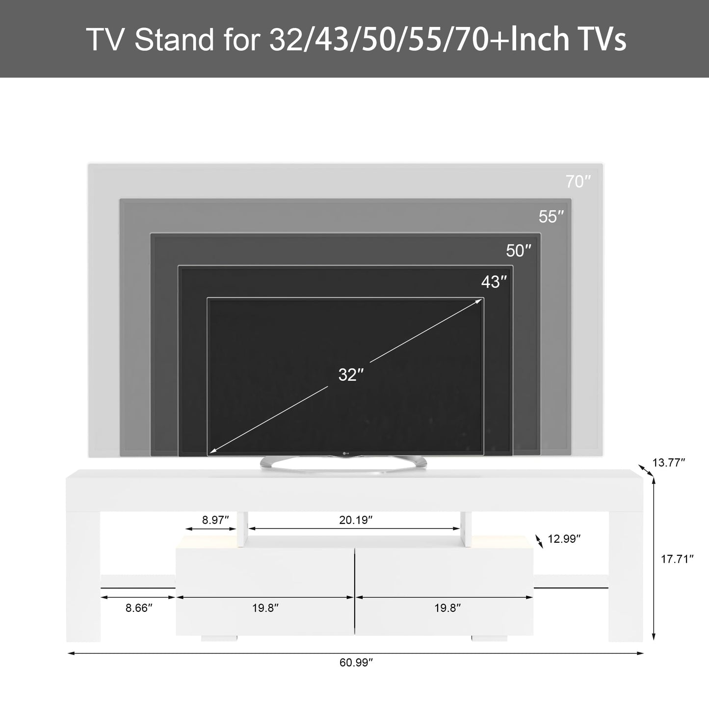 JUMMICO TV Stand, Modern Lighting TV Cabinet Entertainment Center Media and Open Shelf, TV Console Table with 1 Drawer and Remote Control, 20 Color LED Lights up to 70 Inch TV (White)