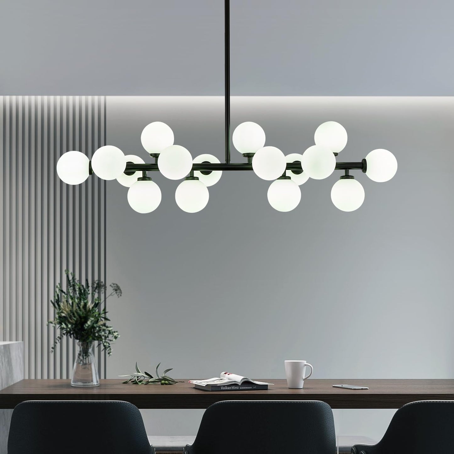 CROSSIO Modern Linear Chandeliers Black 16 Lights Pendant Light Fixtures Bubble Glass Chandelier Mid Century Sputnik Chandelier for Kitchen Island Dining Room
