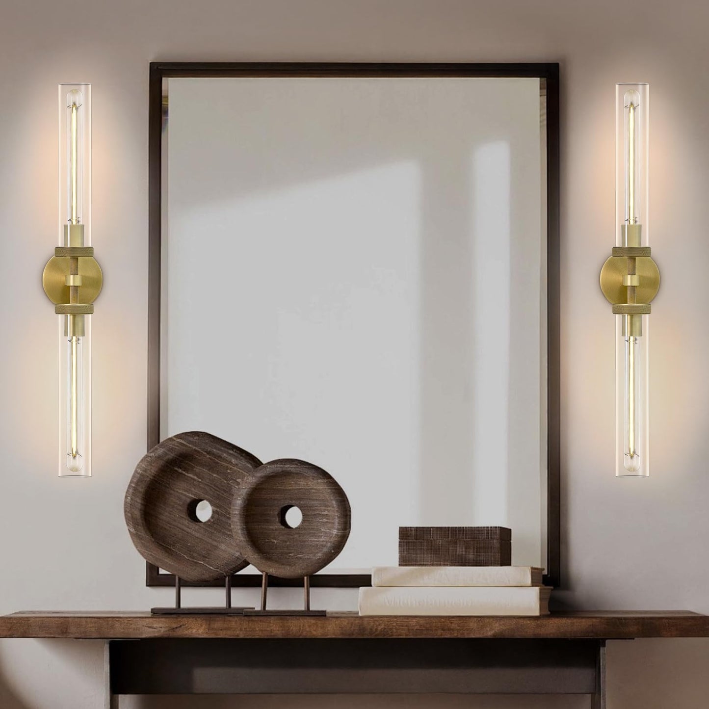 Brass Wall Sconces Set of Two, 19" Knurled Gold Sconces Wall Lighting, Tube Glass Bathroom Sconces Wall Lights for Bedroom Living Room Vanity Sconce Wall Lamp for Hallway, Staircase